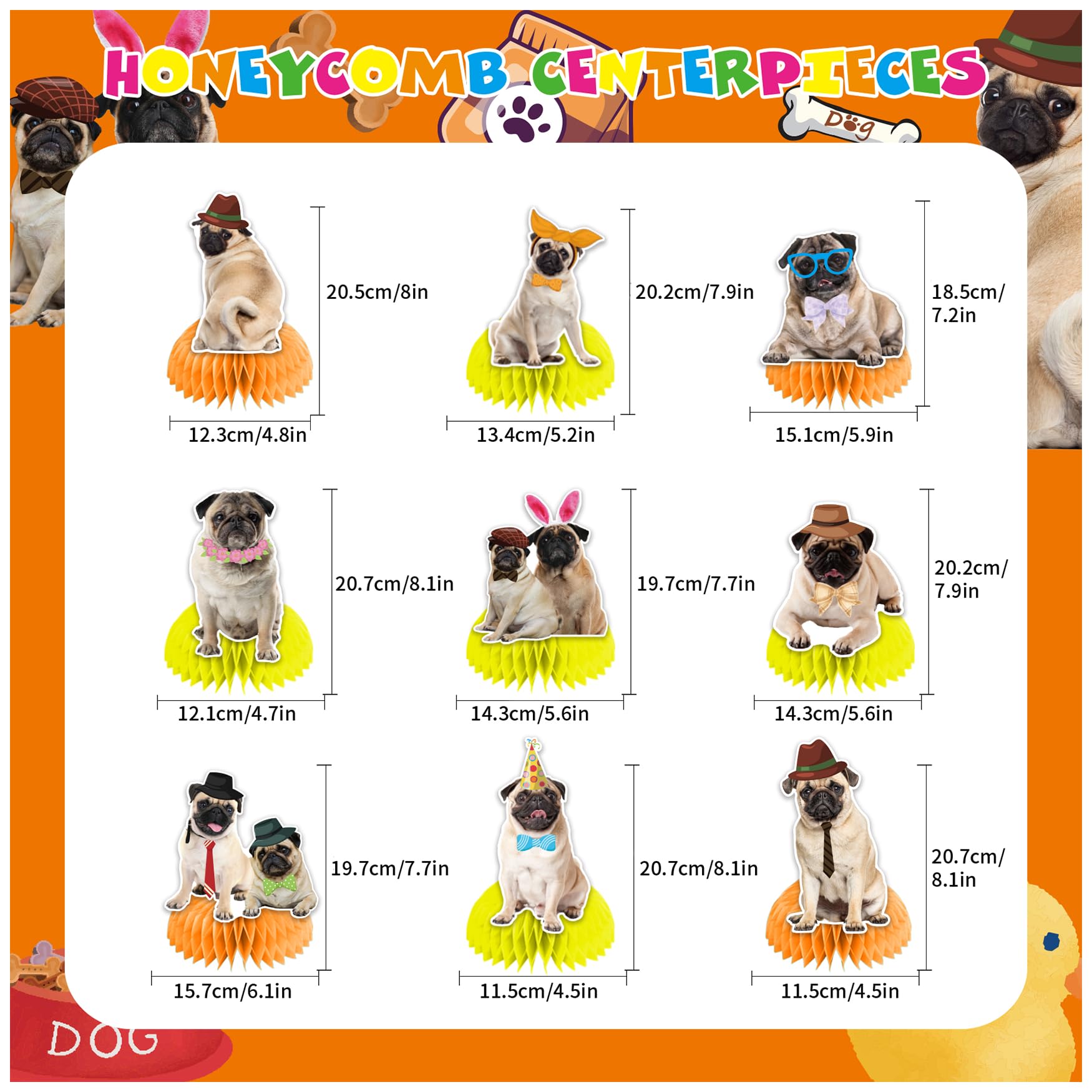 9 PCS Pug Honeycomb Centerpieces Table Decorations Pug Table Centerpieces for Pug Dog Party Supplies Birthday Party Decorations