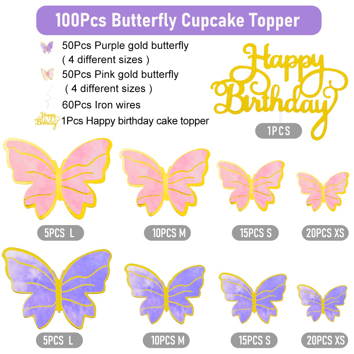 100Pcs Butterfly Cake Topper, Cupcake Topper, Cake Decorations