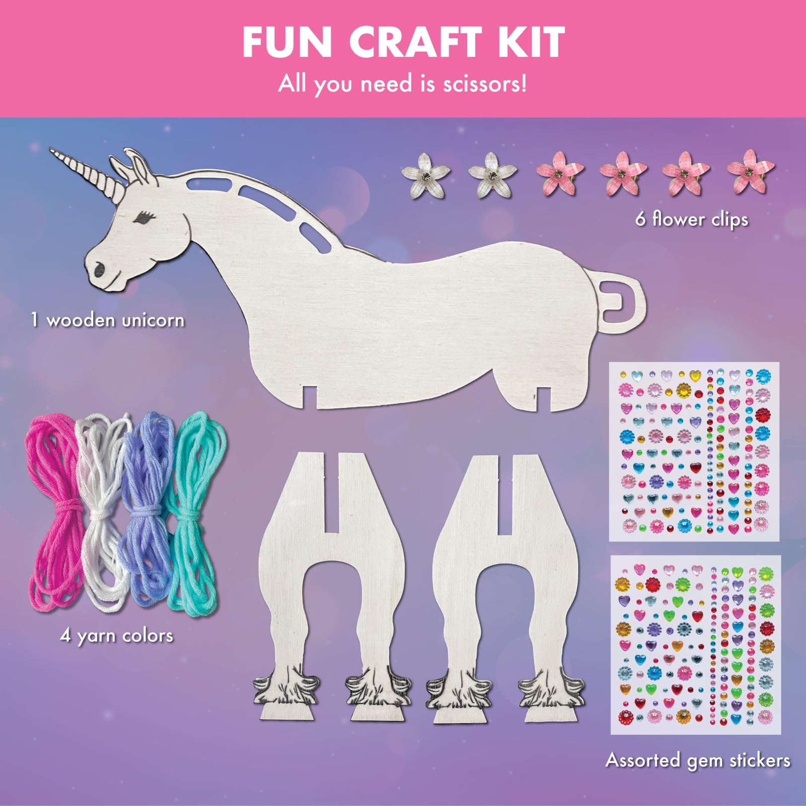 Magical Valley Unicorn Craft Kit for Kids, DIY Wooden Unicorn Craft with Yarn & Accessories, Arts & Crafts Kit, Creative Activity, Birthday Party