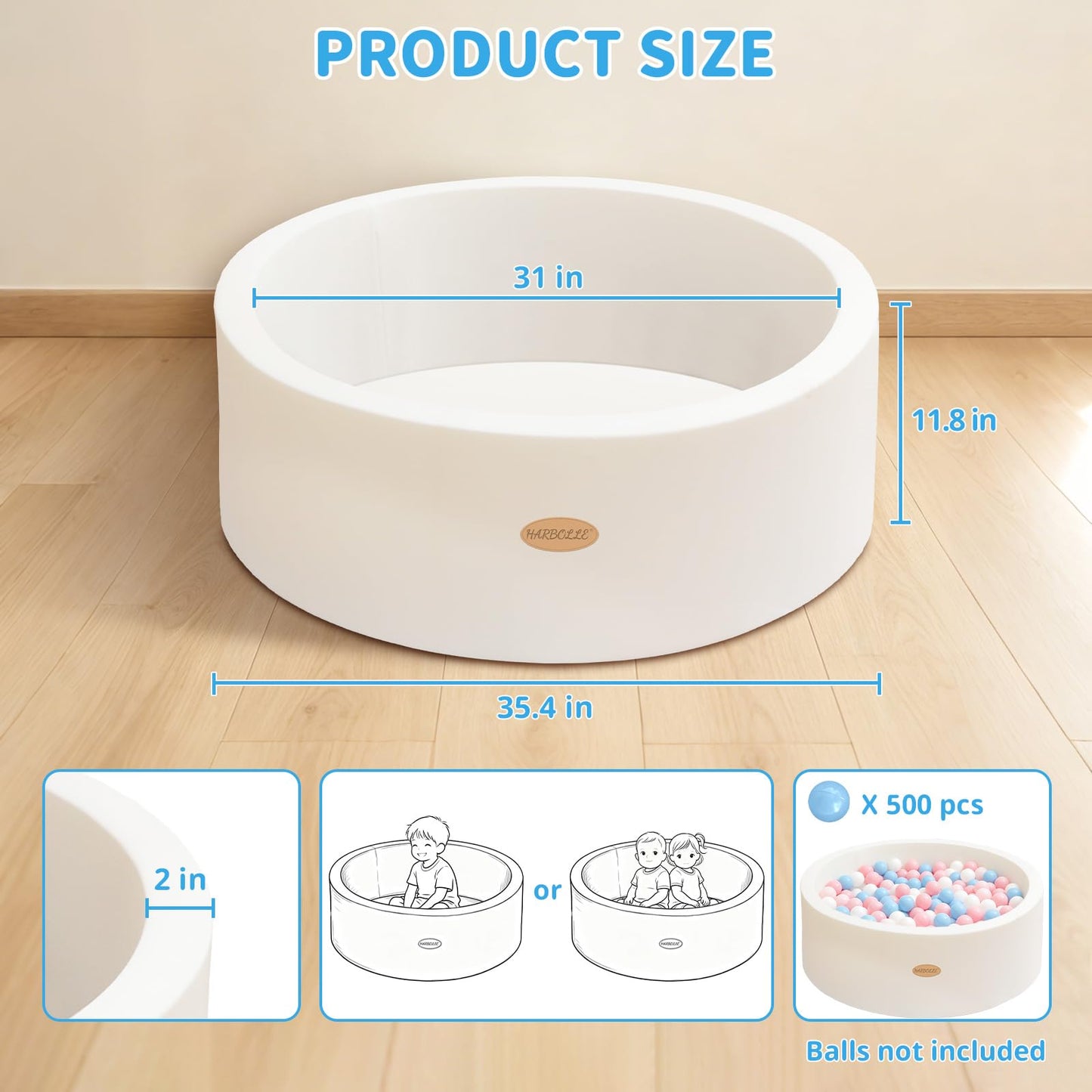 HARBOLLE Baby Foam Ball Pit 35.4" for Toddlers, White