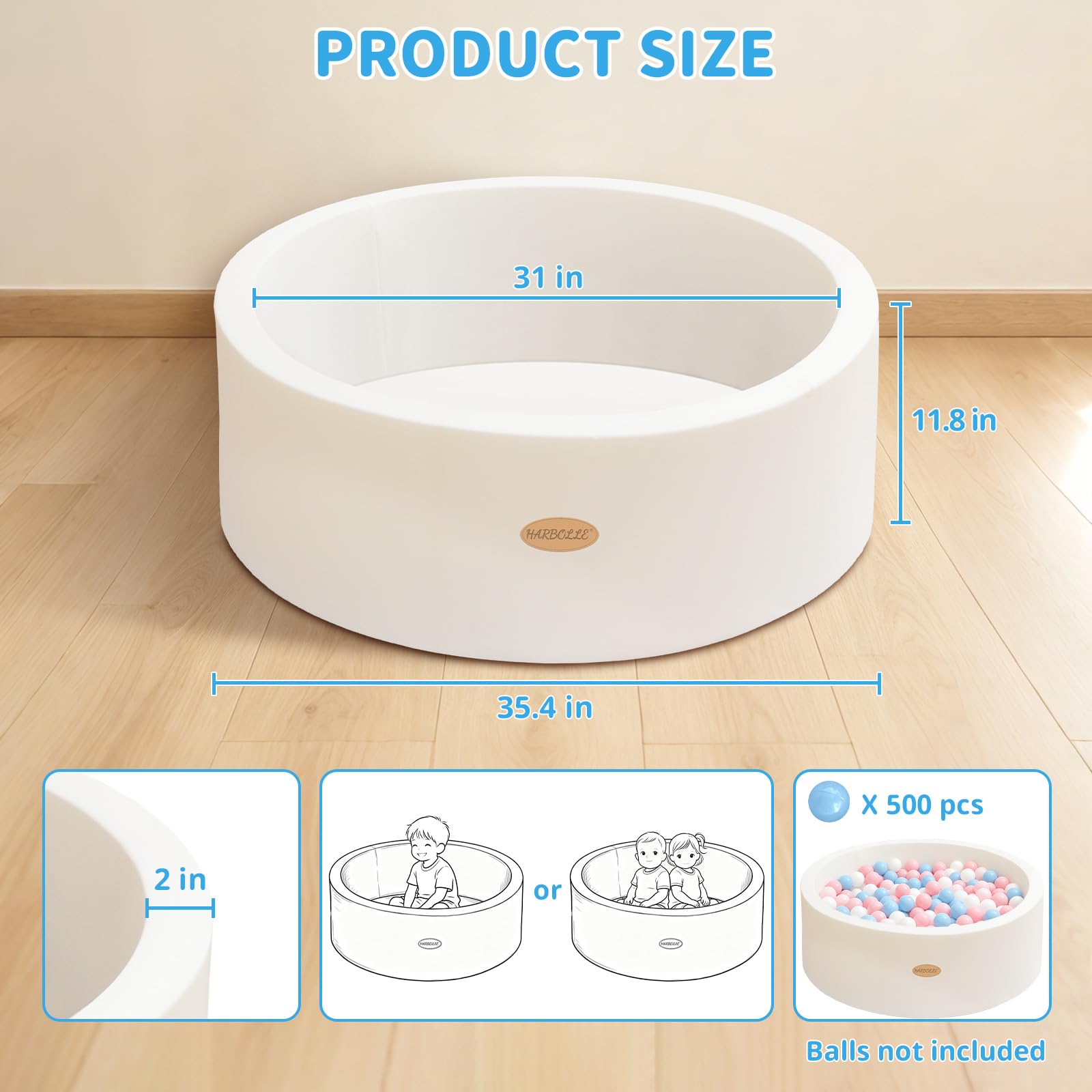 HARBOLLE Baby Foam Ball Pit 35.4" for Toddlers, White