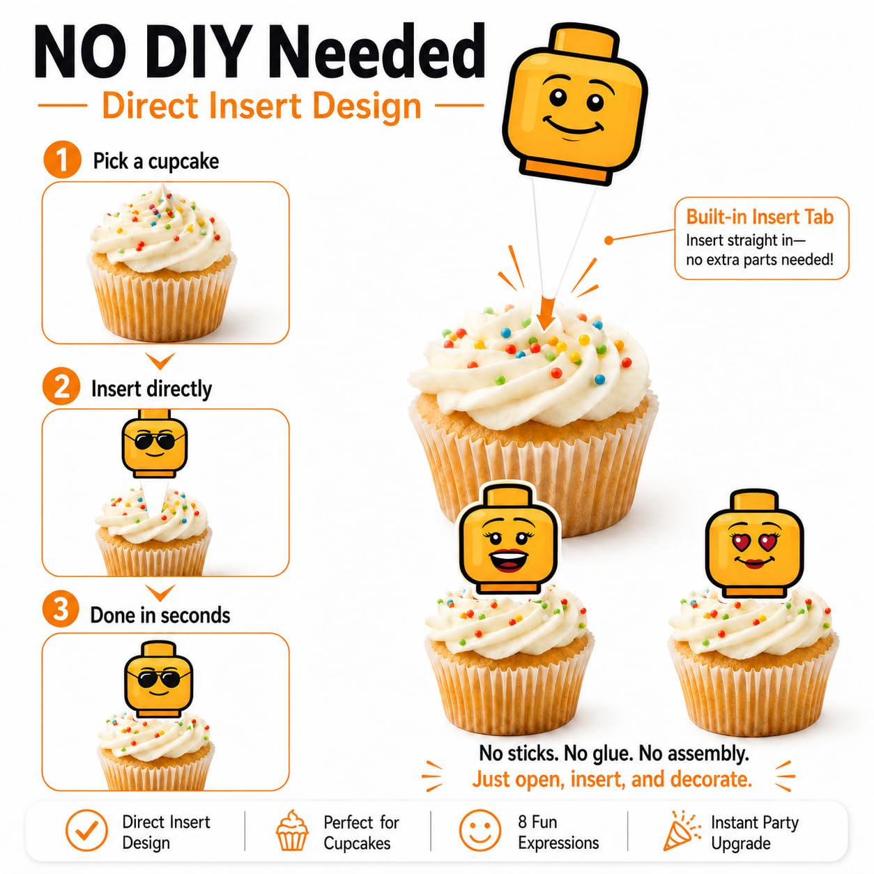 Funny Emoji Cup Cake Toppers for Boys Birthday Building Block Style Birthday Cake Decorations 16PCS