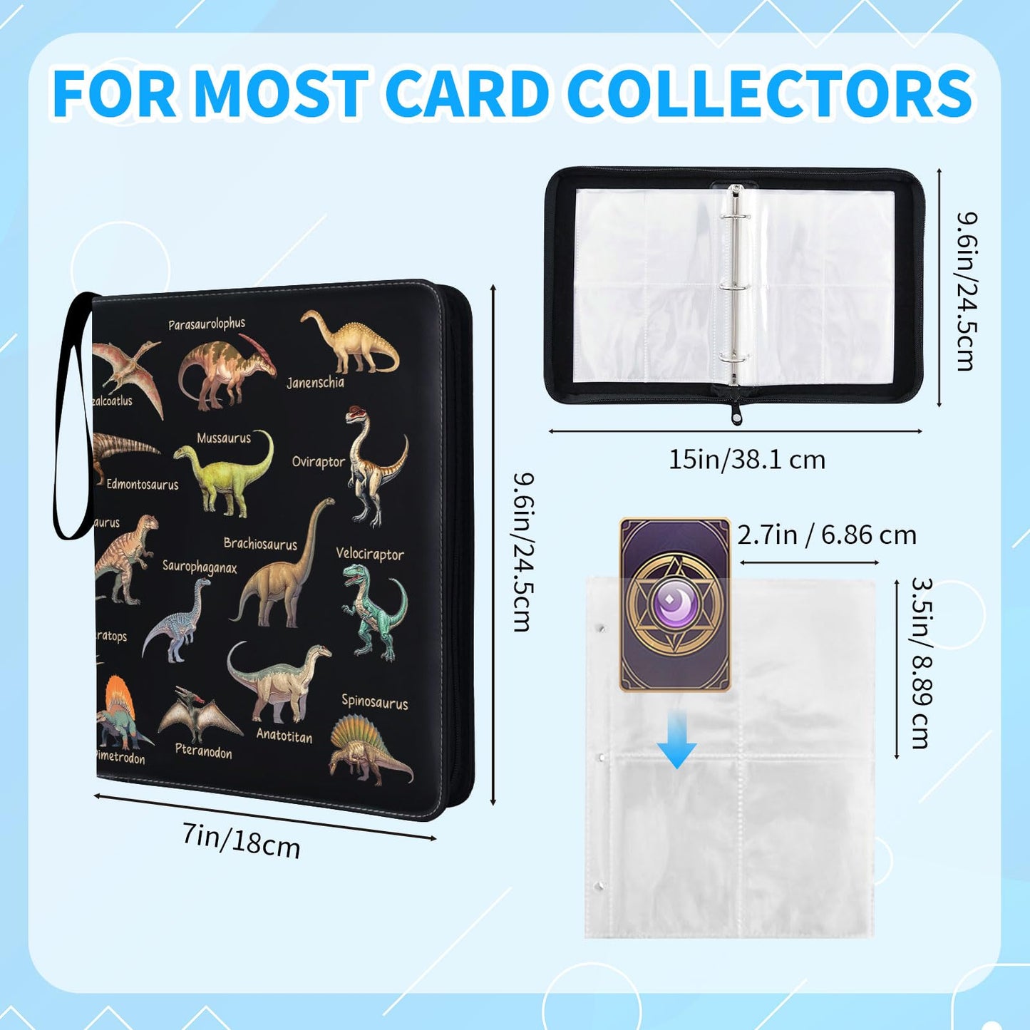 Dinosaur 4 Pocket Card Binder, 50 Page Trading Card Collection Binder for Dinosaur Lover, 3-Ring Removable Carrying Organizer Case Birthday Gift for