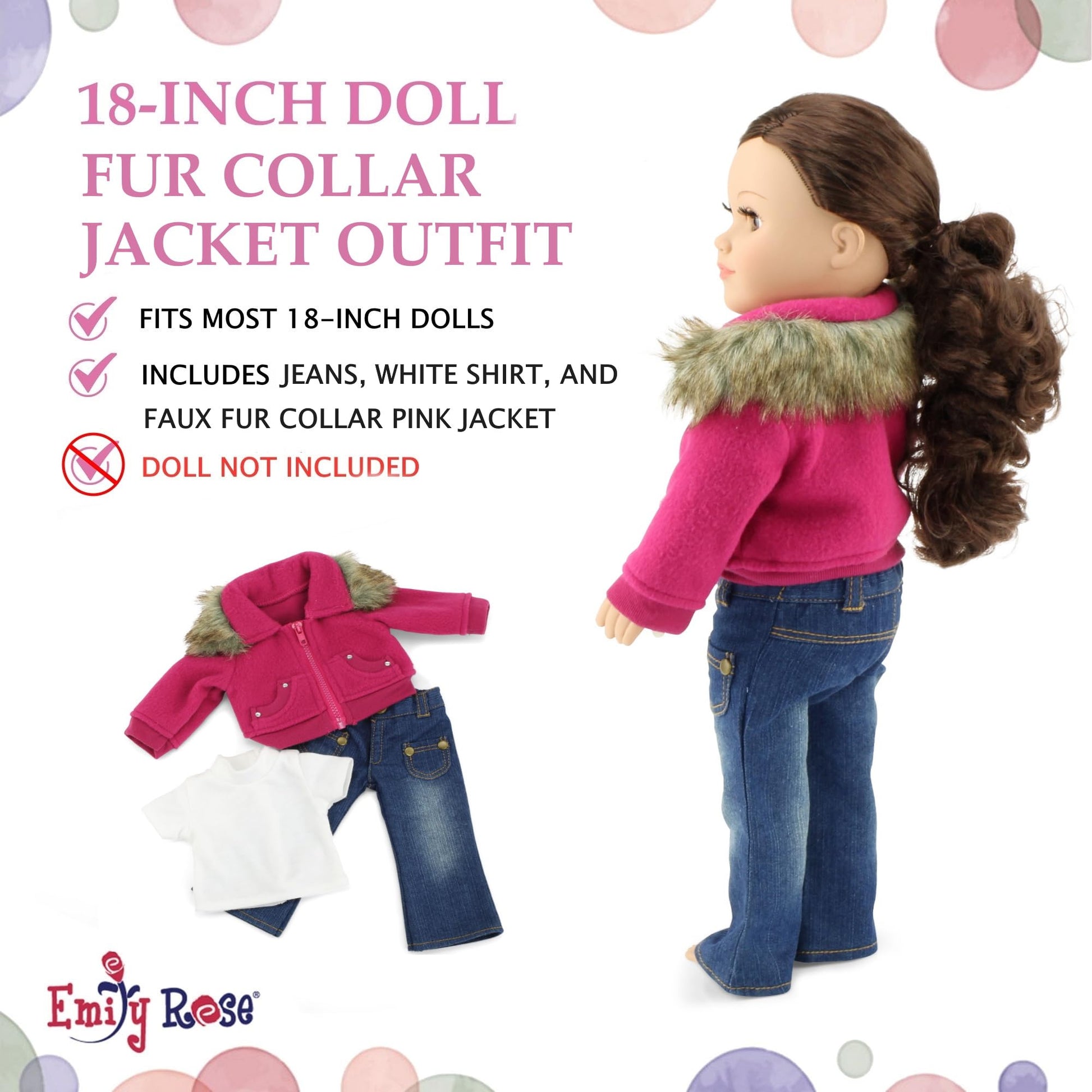 Emily Rose 18" Doll Pink Jacket Outfit Set - 3-Piece Faux Fur Collar Winter Coat with White Tee & Blue Jeans - Gift Boxed Clothes for 18 Inch Dolls