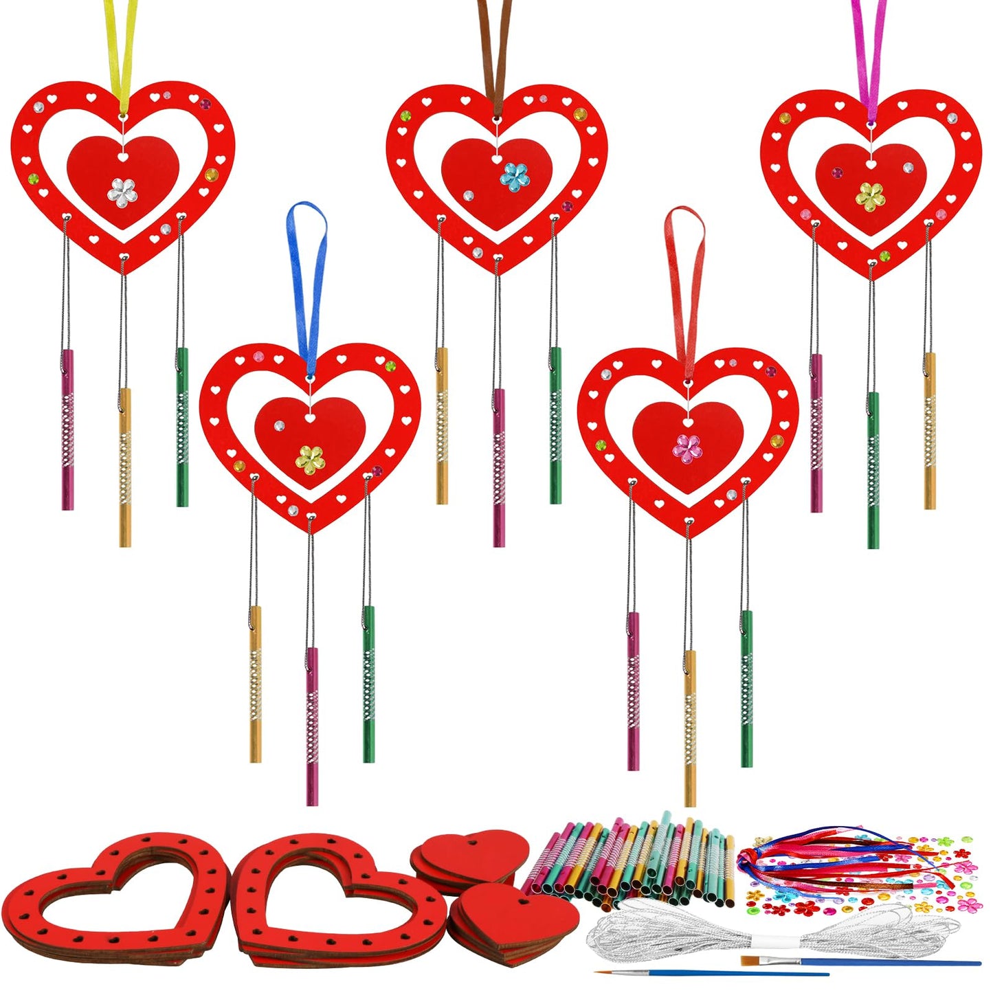 HONMOK 9 Pack for Him Her, DIY Red Love Heart Wooden Wind Chimes, Couples Art & Craft Kit for Boyfriend Girlfriend Wife Husband Valentine's Day