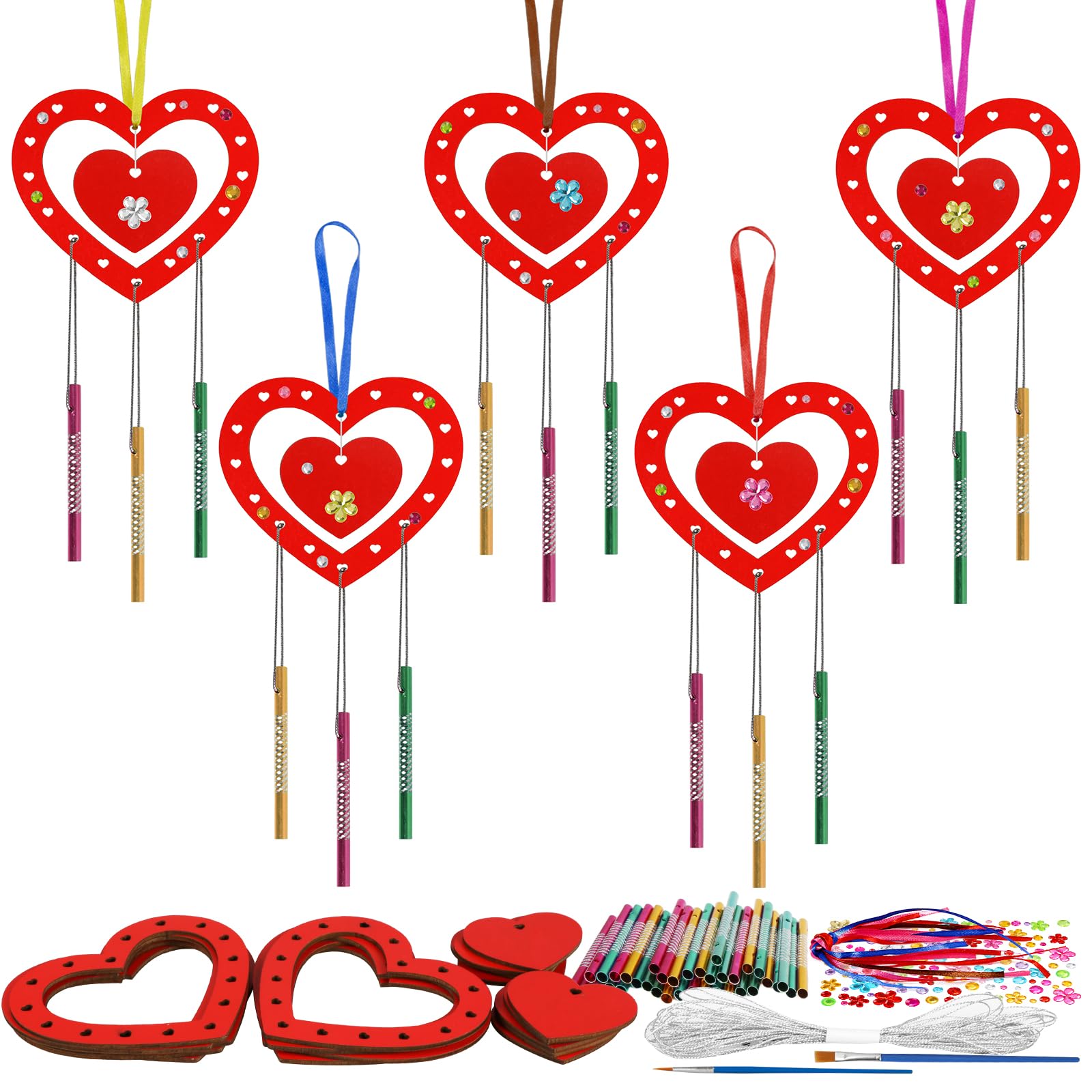 HONMOK 9 Pack for Him Her, DIY Red Love Heart Wooden Wind Chimes, Couples Art & Craft Kit for Boyfriend Girlfriend Wife Husband Valentine's Day