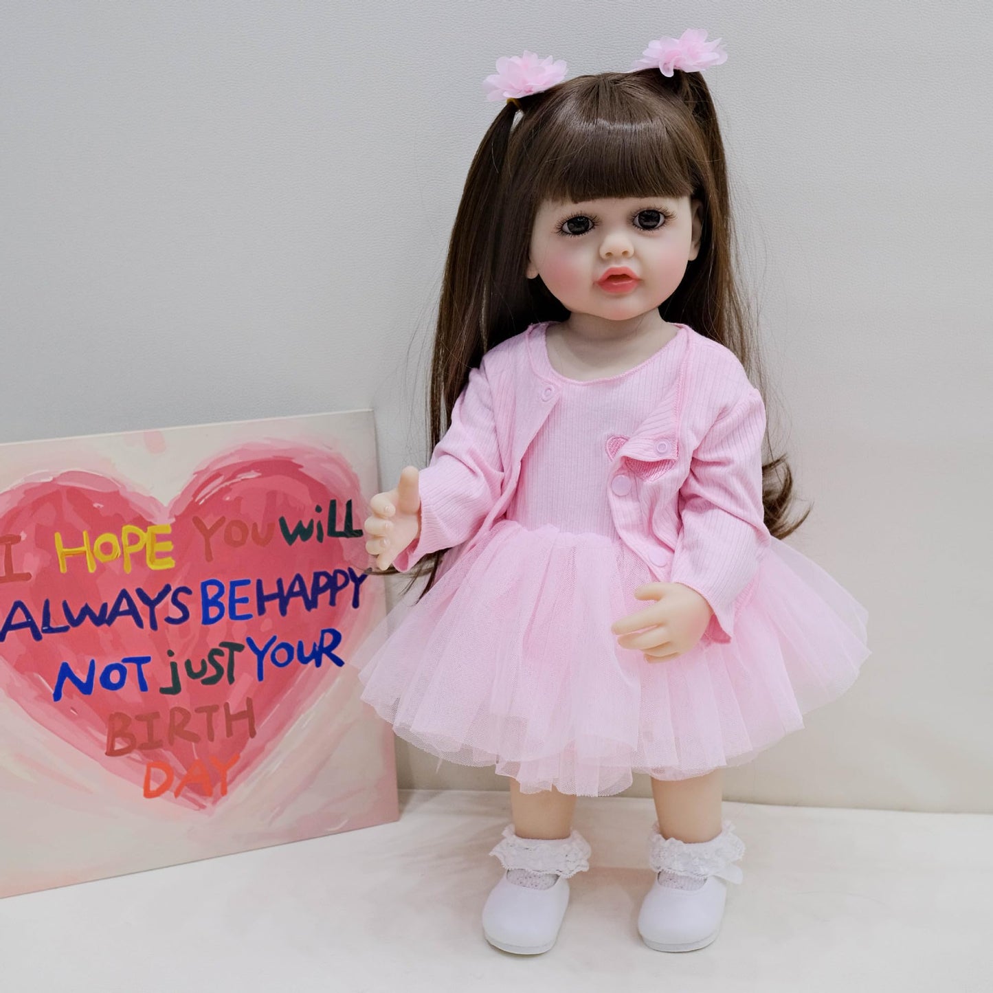 22-Inch Pink Reborn Baby Girls Doll Real Born Baby Doll Girl Toddler Newborn Baby Dolls with Toy Accessory Life Like Full Vinyl Bathable Body Brown