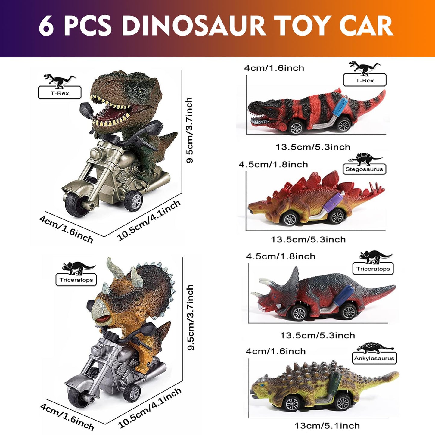 Xbnmex Dinosaur Car Toy, 6 Piece Carts Toys for Kids, Dinosaur Sliding Motorcycle Toy, Dinosaur Car Gifts for Boys and Girls 3 4 5 6 7 Years Old