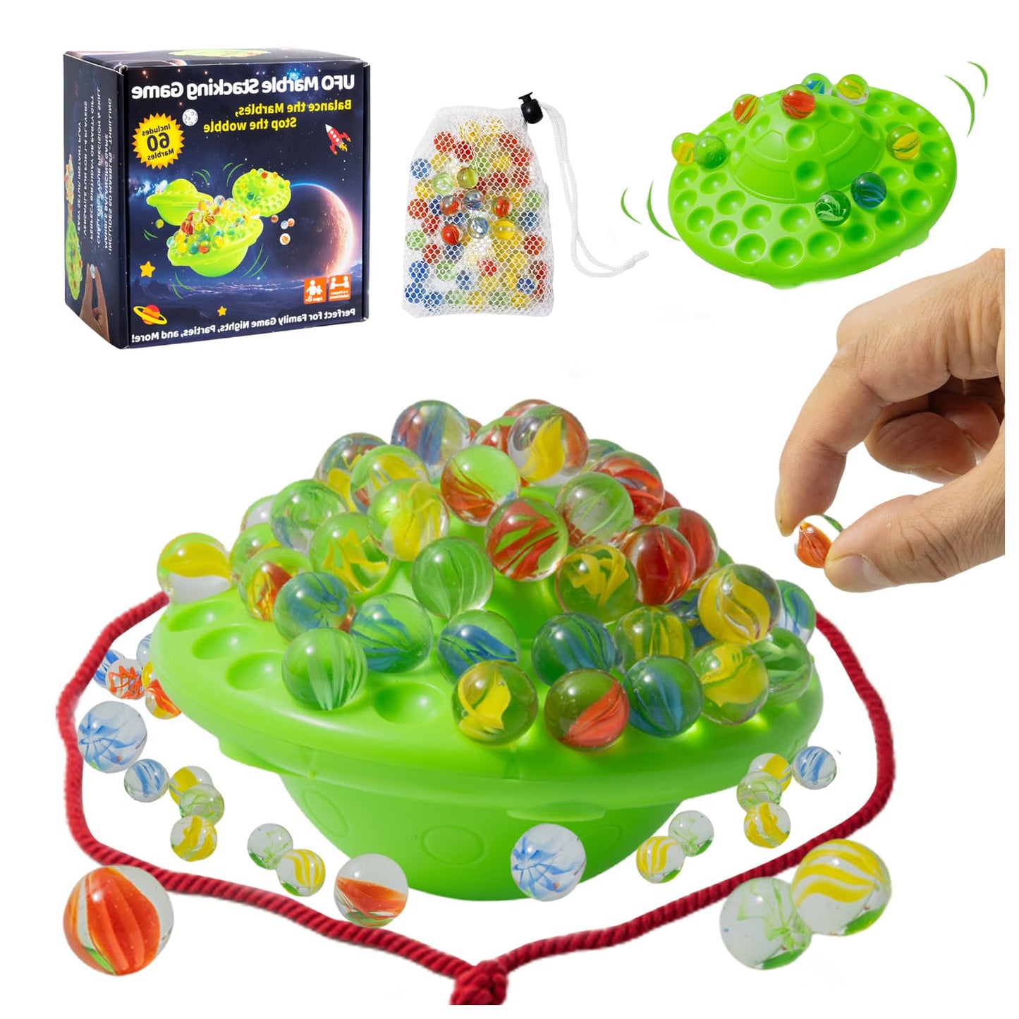 Wobble Marble Stacking Game for Kids, Marble Balance Board Game with 60 Glass Marbles & Storage Base,Fun Group Play for 1-4 Players,Birthday for Kids