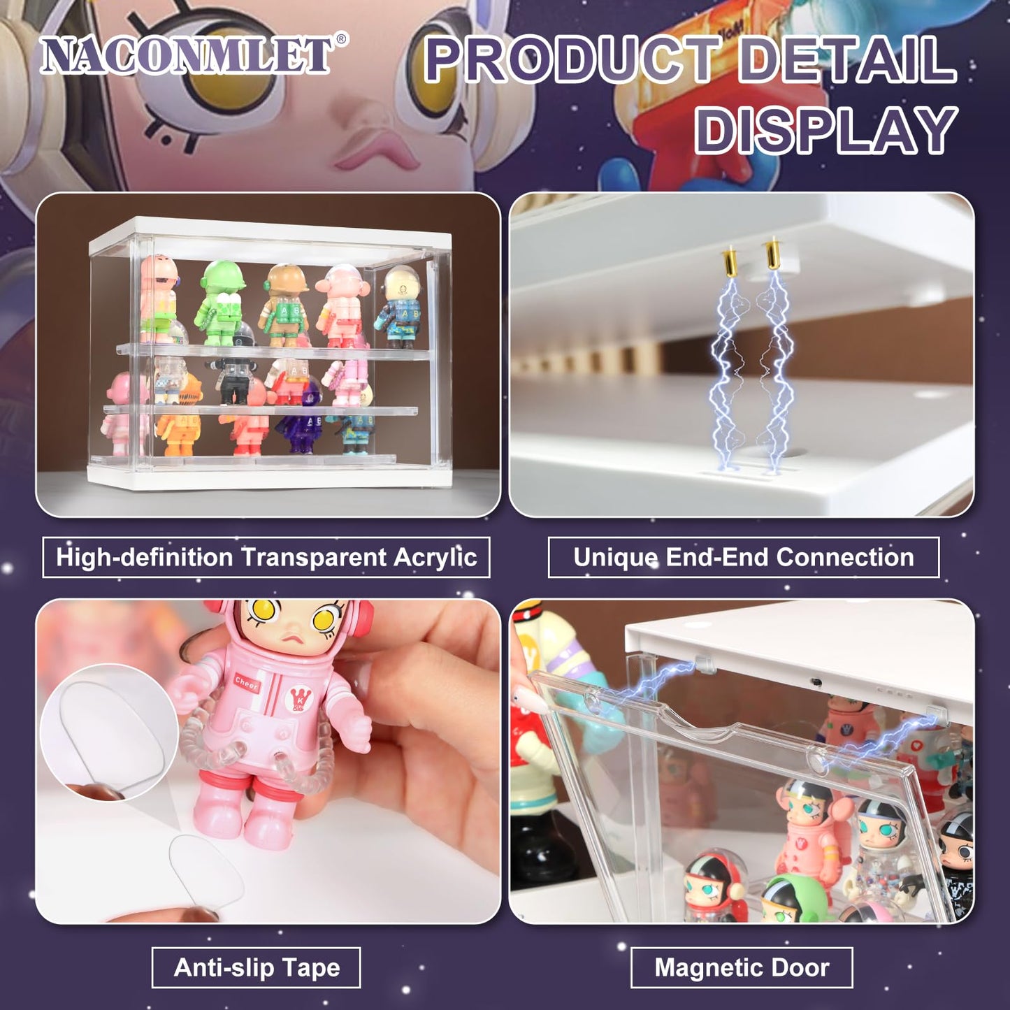 LED Acrylic Display Case for Collectibles, Cordless Power Stacking Showcase with 3-Tier Steps - Clear Dustproof Protector Box with Magnetic Door for