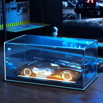 Lighted Display Case for 1/18 Scale Model Cars , No Assemble Show Case with Lights and Leather Base, Clear Acrylic Display Box for Cars Baseball
