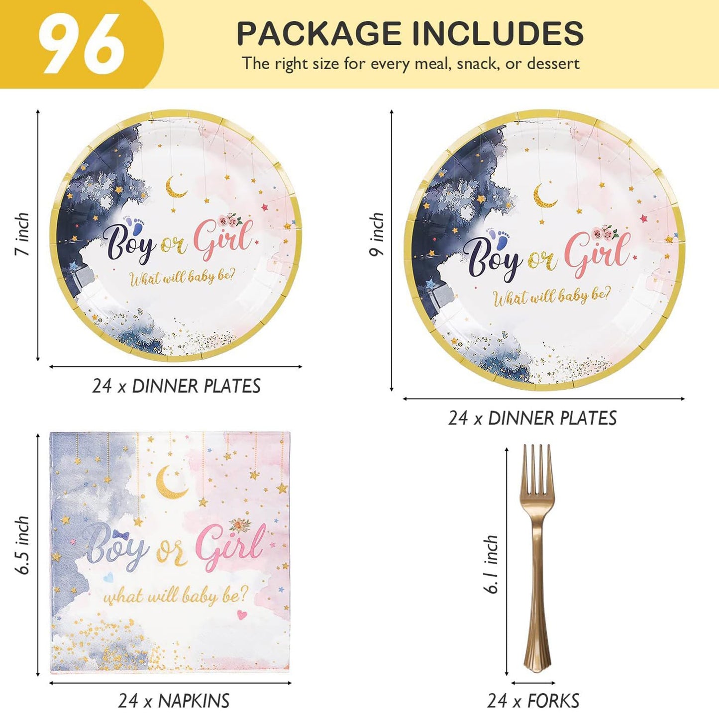 96PCS Gender Reveal Party Supplies Tableware Kit for 24 Guests