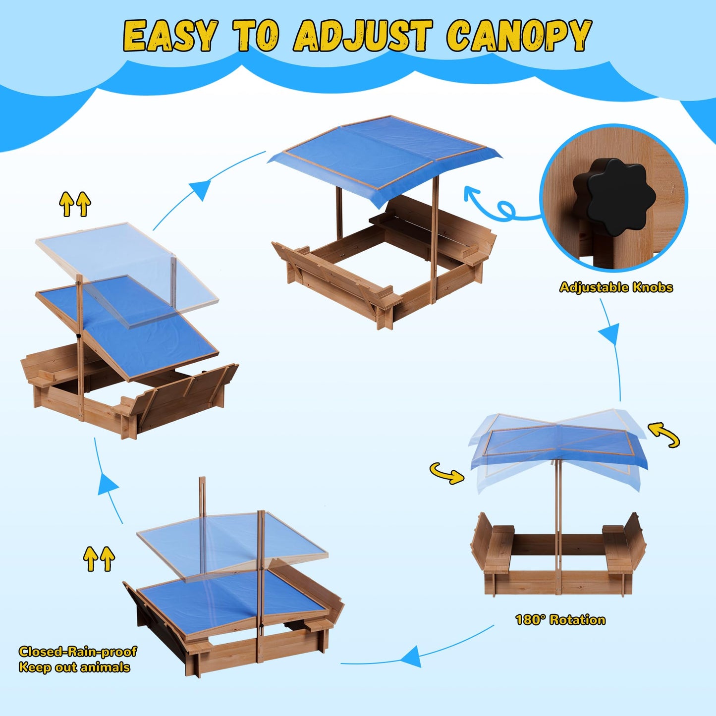Kids Wooden Sandbox with Adjustable Canopy, Outdoor Sandbox with Cover and Adjustable Roof, Wooden Cabana Sand Box with Canopy, Canopy Sand Box