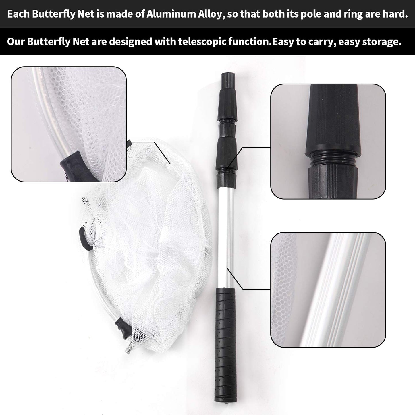 Rngeo 2 Pack Telescopic Butterfly Net, Extendable Fishing, Insect Toy Nets for Kids and Family, Aluminum Alloy (Silver Extends to 36 Inches, Blue