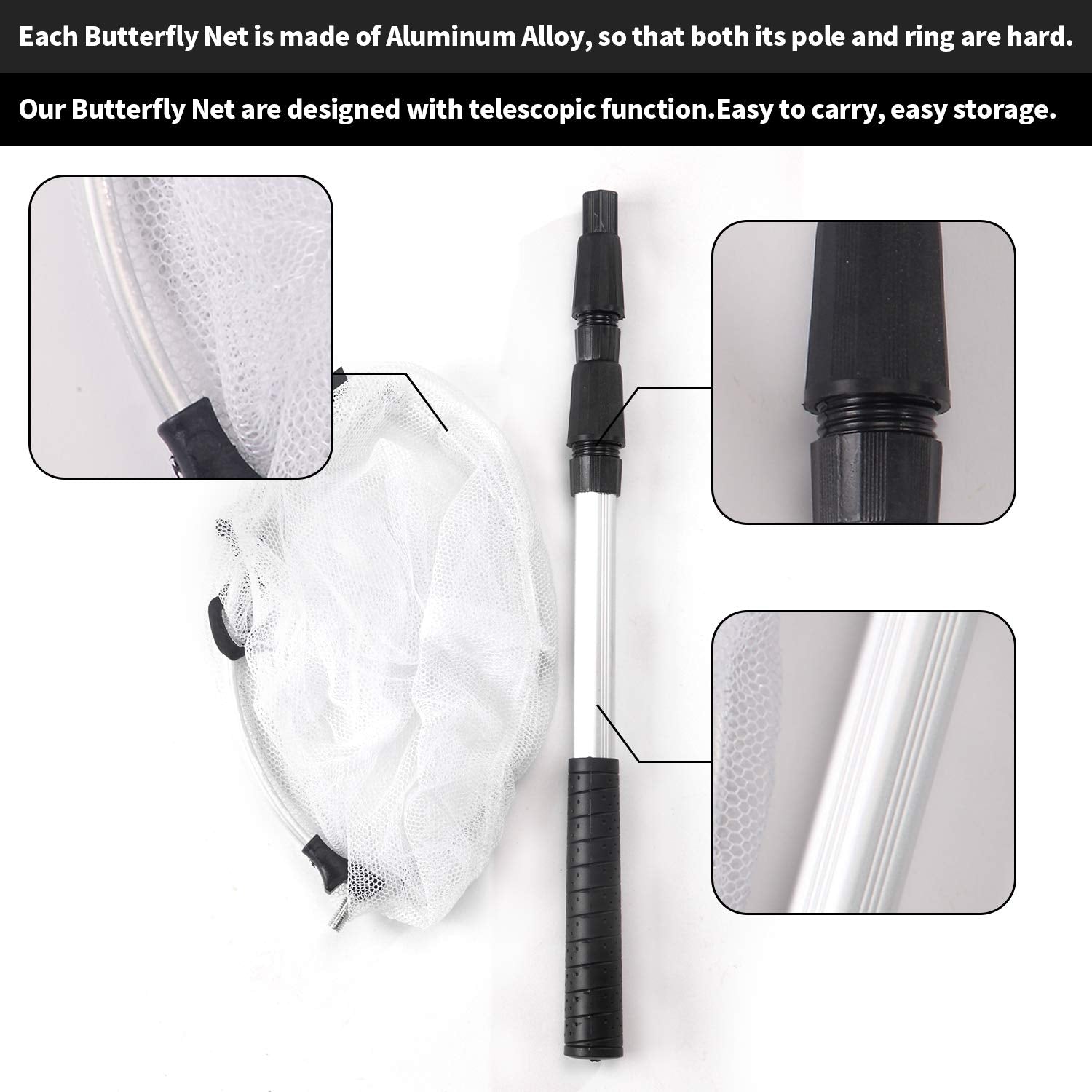 Rngeo 2 Pack Telescopic Butterfly Net, Extendable Fishing, Insect Toy Nets for Kids and Family, Aluminum Alloy (Silver Extends to 36 Inches, Blue