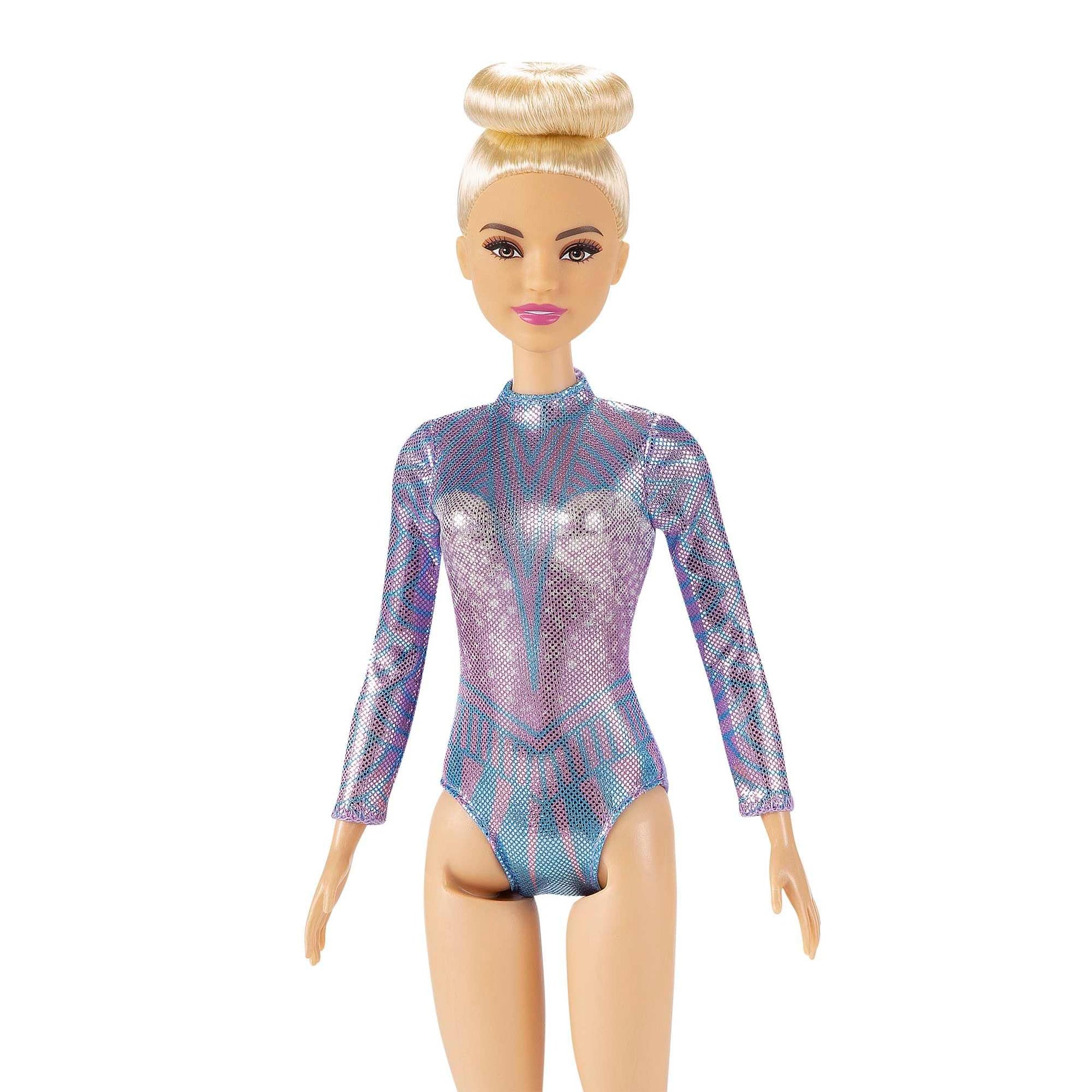 Barbie Rhythmic Gymnast Blonde Doll (12-in/30.40-cm) with Colorful Metallic Leotard, 2 Clubs & Ribbon Accessory, for Ages 3 Years Old & Up