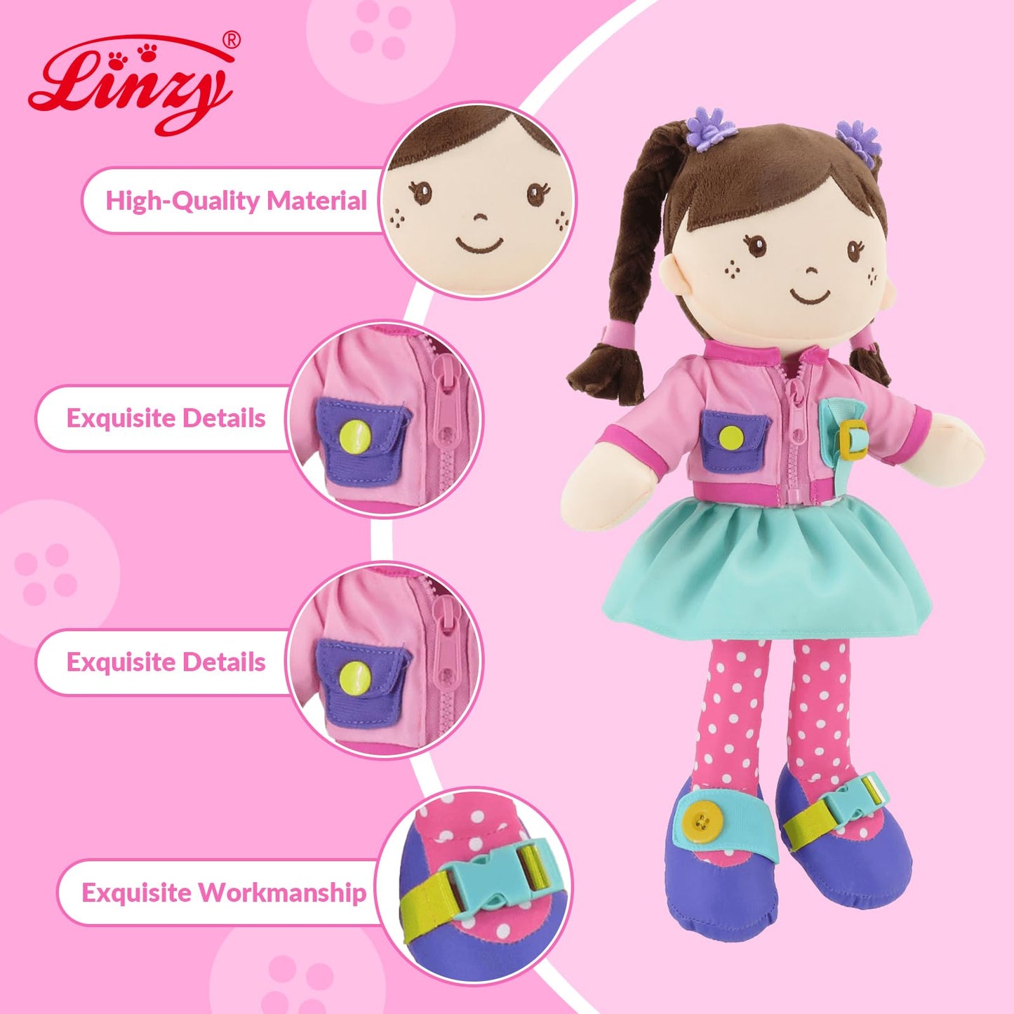 Linzy 15" Learn to Dress Stuffed Doll with Pink Jacket, Educational Montessori Doll for Toddlers, Soft Buckle Toy Gifts for 2 Year Old Girls