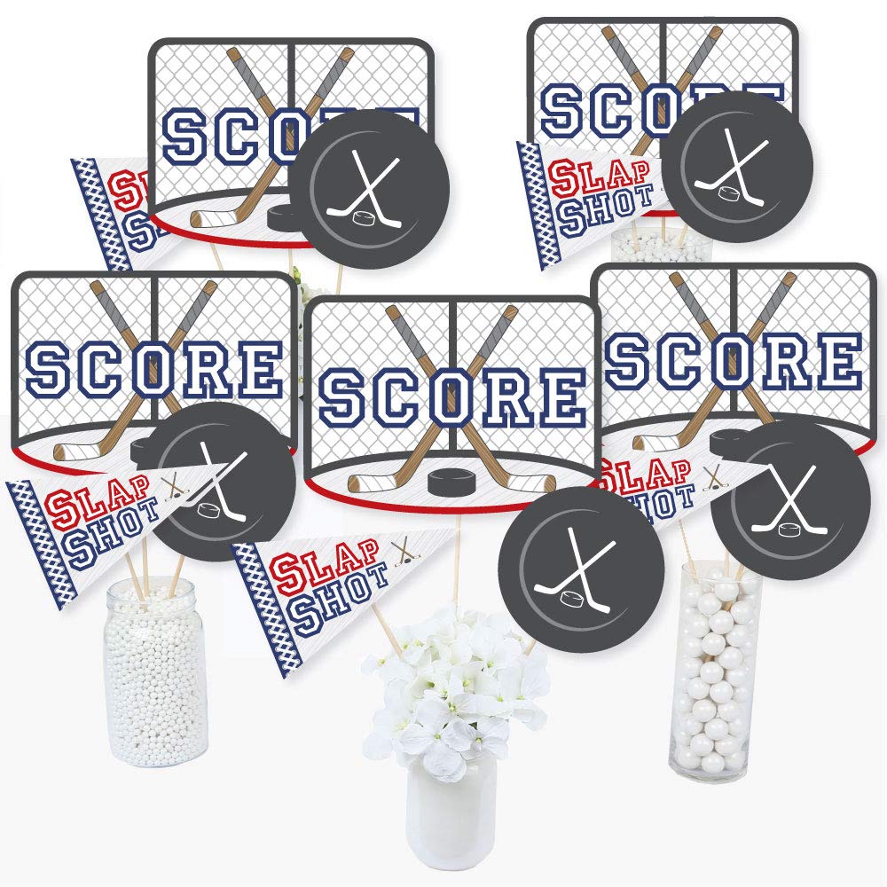 Big Dot of Happiness Shoots and Scores - Hockey - Baby Shower or Birthday Party Centerpiece Sticks - Table Toppers - Set of 15