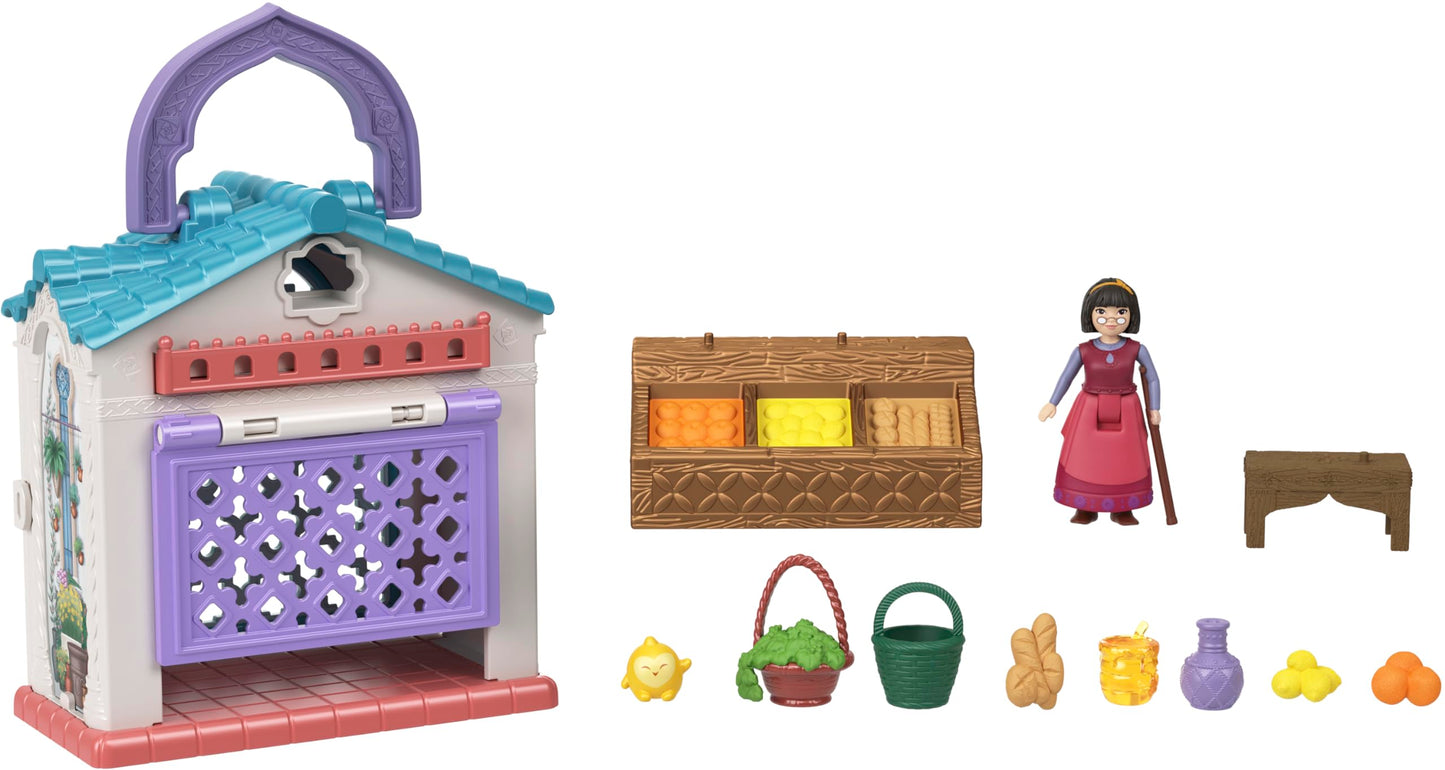 Mattel Disney Wish Micro Doll Playset, Dahlia’s Rosas Marketplace Portable Set with Dahlia Doll, Star Figure & 9 Accessories, Travel Toy