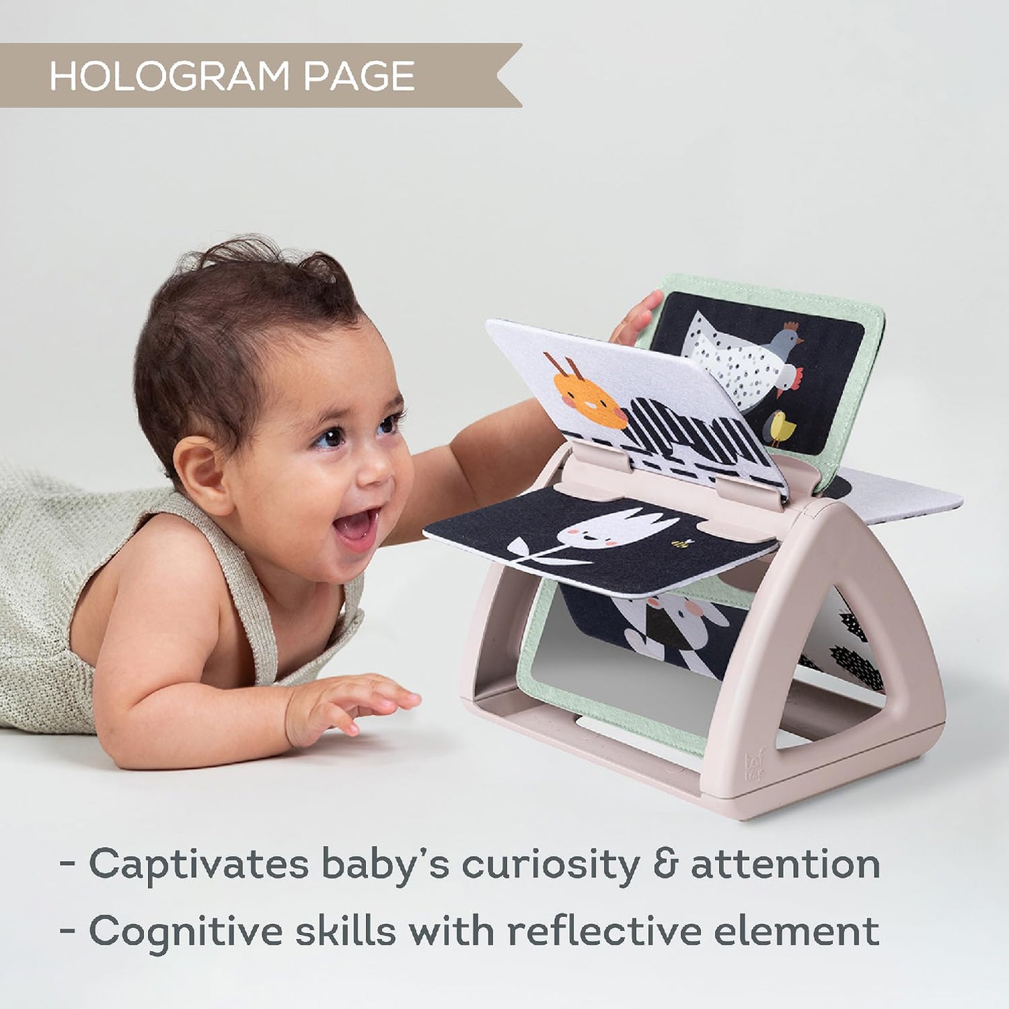Taf Toys Black & White Rattling Spinning Book High Contrast Newborn Baby Toy 0-6 6-12 Months with Mirror for Visual Stimulation, Tummy Time & Early