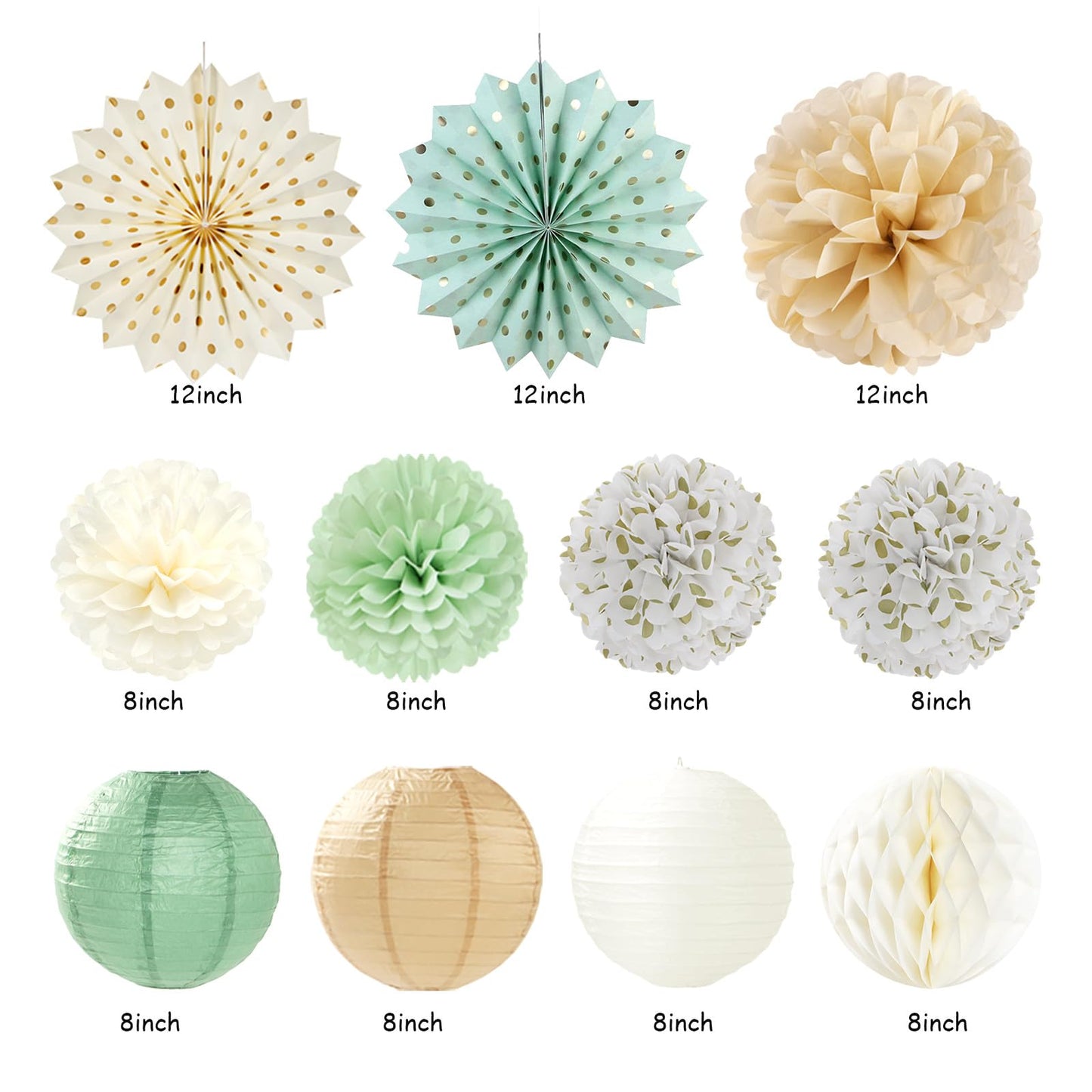 Sage-Green Champagne-Beige Baby Shower Party-Decorations - 21pcs Girls Boy Welcome Baby Banner,Paper Lanterns Pom Poms,Safari Woodland Boho Neutral