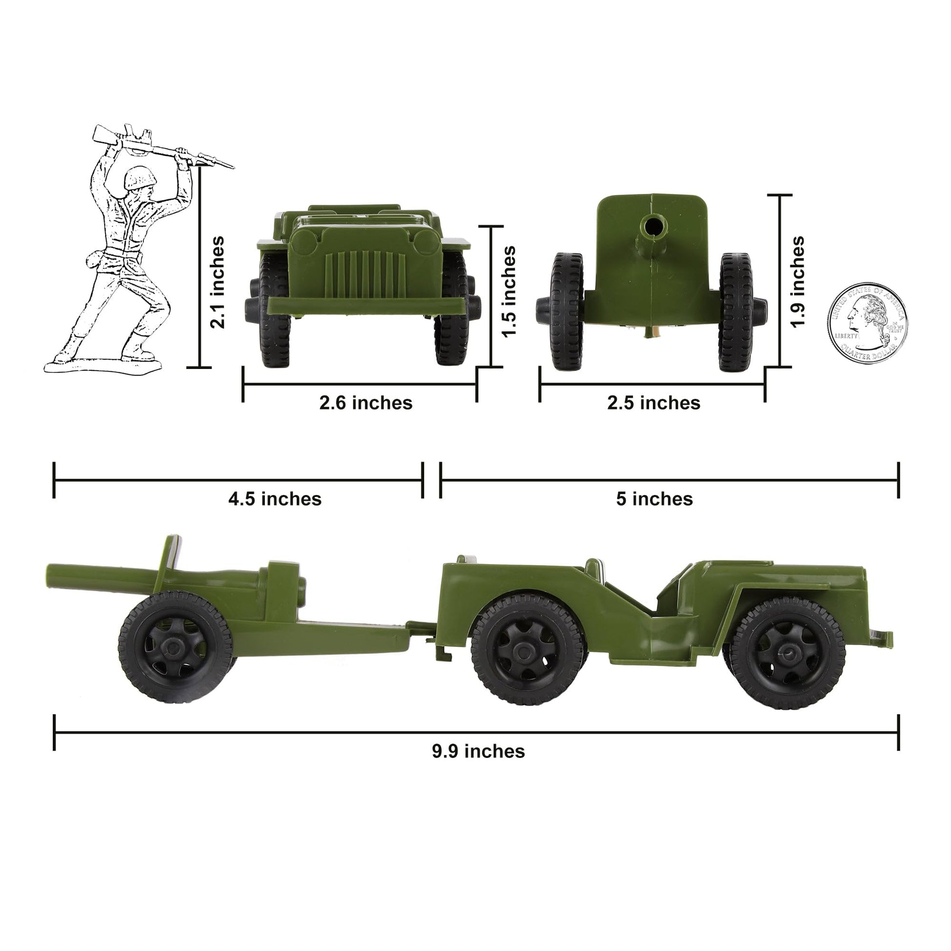 TimMee Combat Patrol Willys & Artillery - OD Green 4pc Playset USA Made