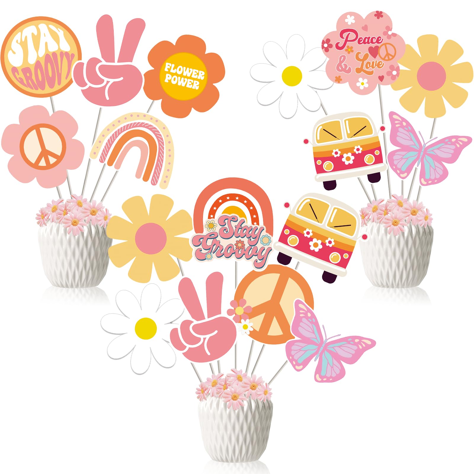 Groovy Retro Hippie Party Centerpieces - 24Pcs Rainbow Butterfly Daisy Flower Table Toppers for 60’s Party, Hippie Party,Groovy One Birthday Decor