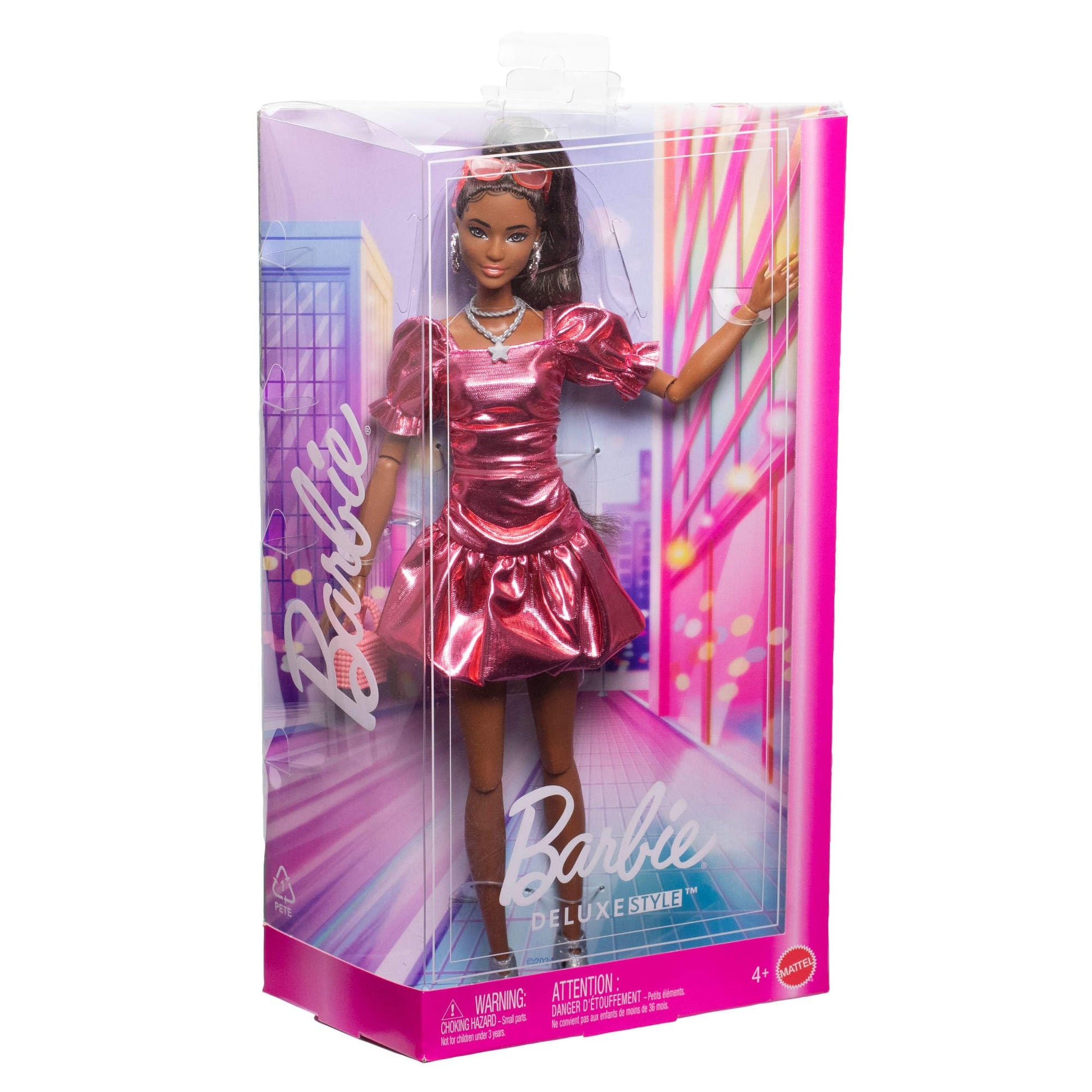 Barbie Deluxe Style Doll #6 in Metallic Coral Pink Dress with Bubble Hem, Black Hair in Ponytail, Accessories Like Sunglasses, Jewelry and Handbag