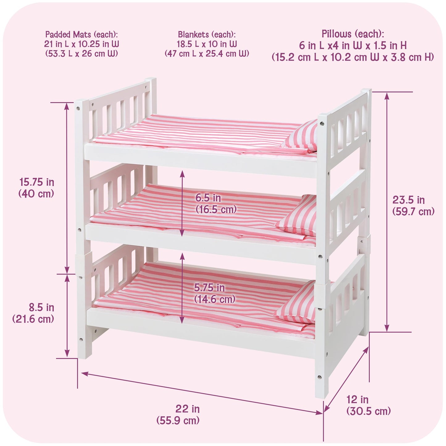 Badger Basket 1-2-3 Convertible Doll Bunk Bed - Pink Stripe Design with Bedding and Personalization Kit - Doll Crib Furniture for 18 to 20 Inch Baby