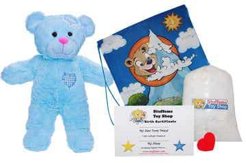 Stuffems Toy Shop Make Your Own Stuffed Animal 16" "Baby Blue Patch Bear - No Sew - Kit with Cute Backpack!