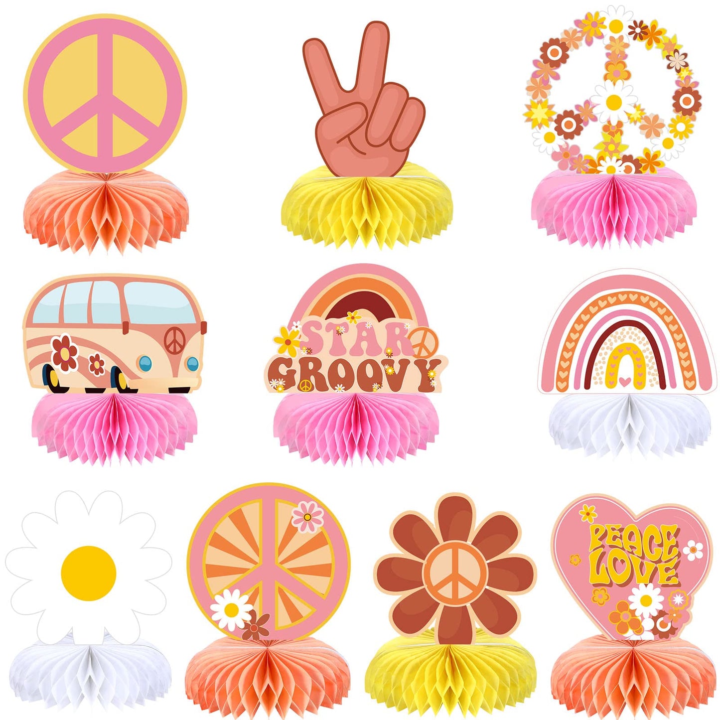 10 Pieces Two Groovy Party Decorations Groovy Retro Hippie Boho Party Honeycomb Centerpieces Table Toppers Double Sided Rainbow Daisy Flower