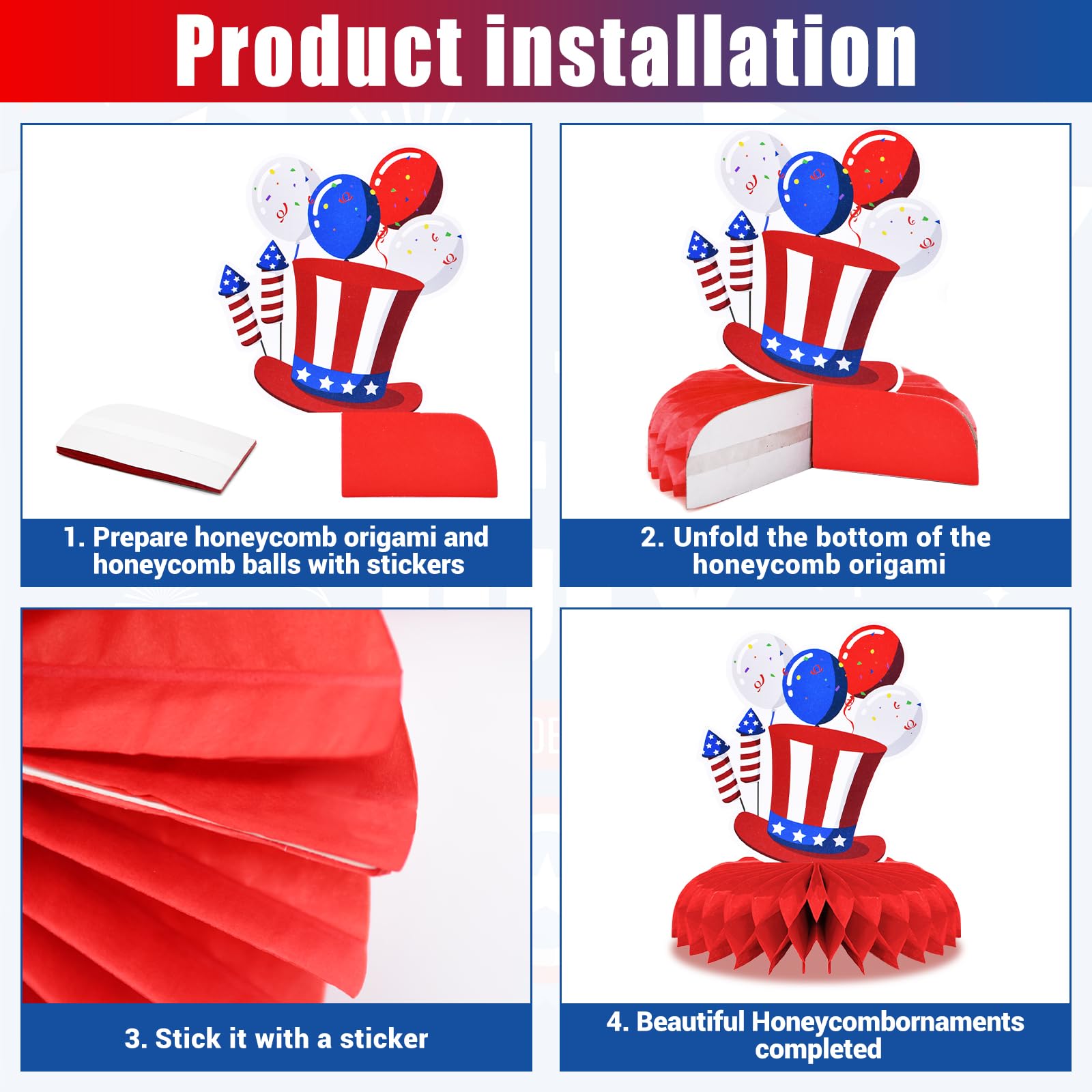 9 Pieces 4th of July Honeycomb Centerpieces - Red Blue Patriotic Independence Day Table Decorations for USA Party, Memorial Day, Veterans Day, July