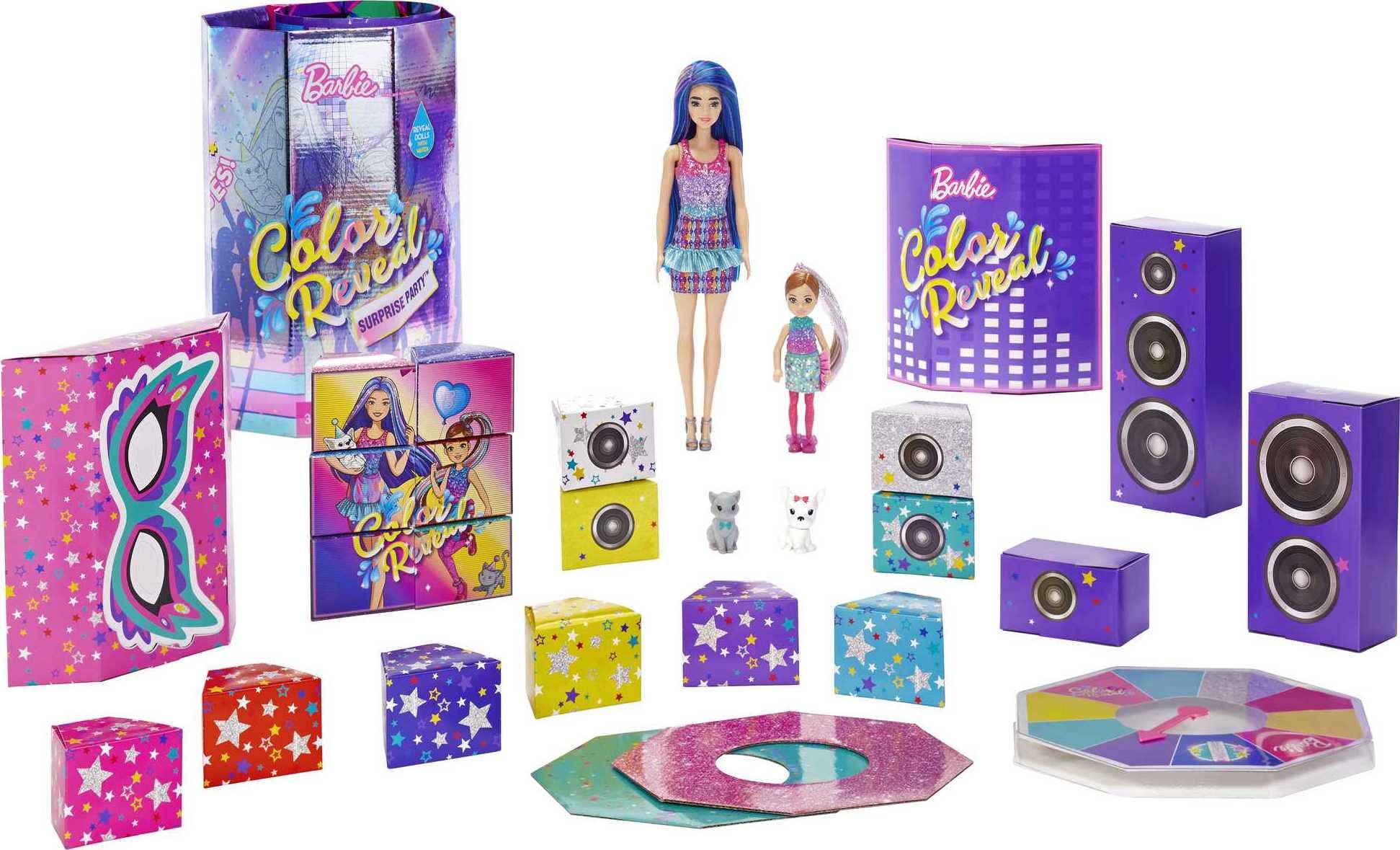 Barbie Color Reveal Surprise Party! Set with 50+ Surprises: 1 Doll, 1 Chelsea Doll, 2 Pets, 6 Color-Change Activations, Accessories & More, Dance