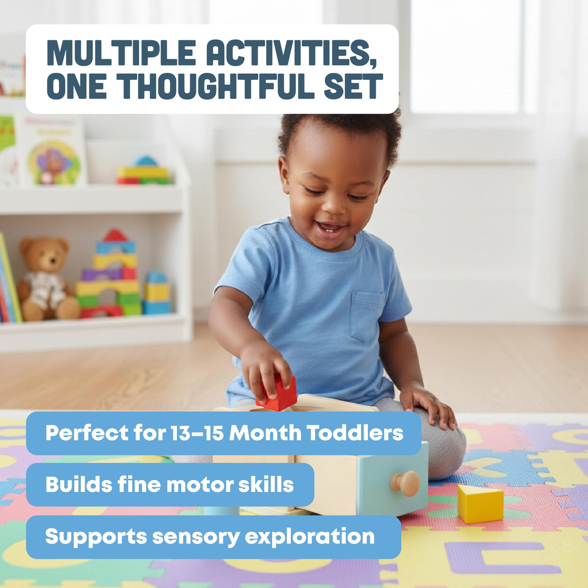 Baby Academy Montessori Play Box for 13-18 Month Toddlers - 28 Piece Wooden Educational Toy Set with Stacking Cups, Shape Sorter & Sensory Activities