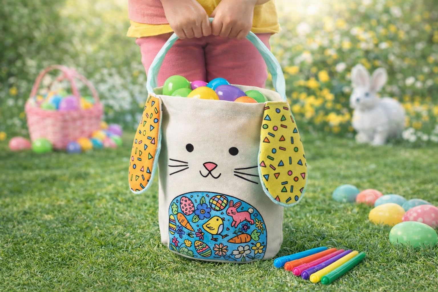 Crocodile Creek Color Your Own Easter Bunny Basket Craft Kit - Cotton Easter Basket with 6 Fabric Markers for Kids Ages 6+ - DIY Easter Activity
