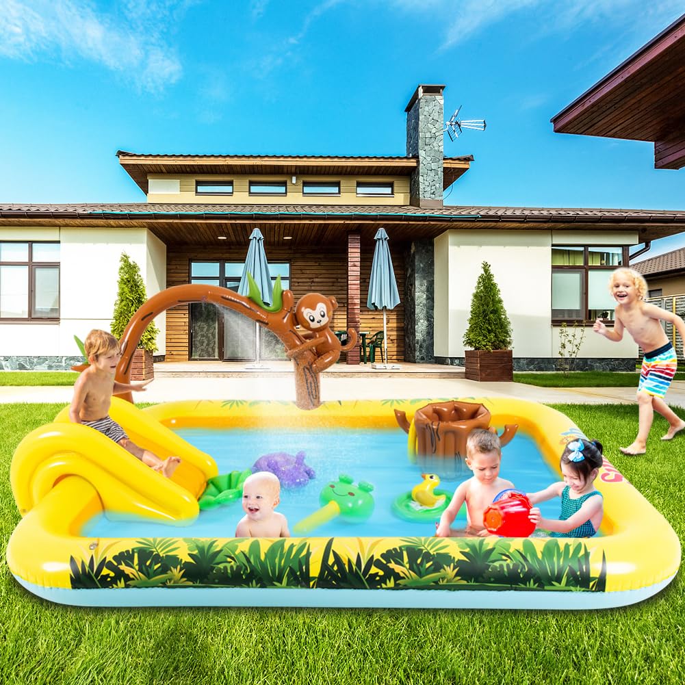Inflatable Jungle Animal Play Center Outdoor Playhouse Inflatable Water Park with Kid Pool Slide, Sprinkler Toy with Base Pool, Monkey, Tree Stump