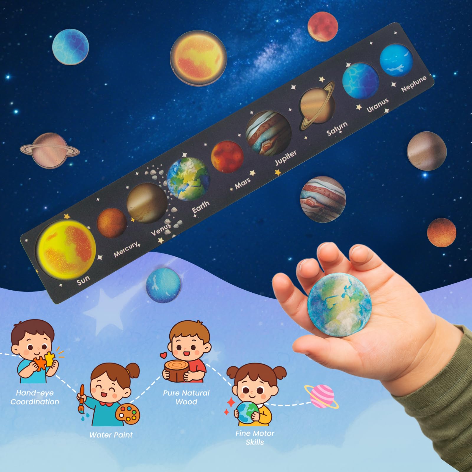 WOODENFUN Wooden Solar System Planet Puzzle Montessori Toy for Toddlers 3-5