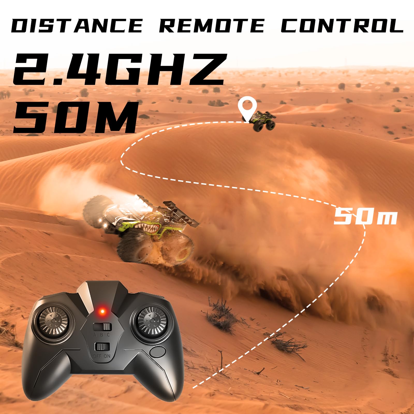 JICIFU Remote Control Car for Kids,High Speed 20 KM/H RC Cars Toys,Off-Road with 2 Headlights and 2 Rechargeable Battery RC Truck,Dinosaur Toys Gift