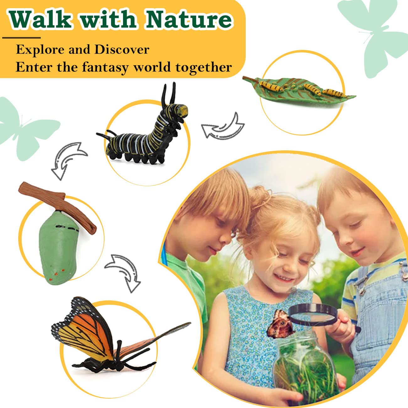Life Cycle Learning Toys for Kids: Life Science Education Kits with Butterfly, Frog, Chicken, Mantis, Bee, Plants - 25 Pieces Animal Figurines