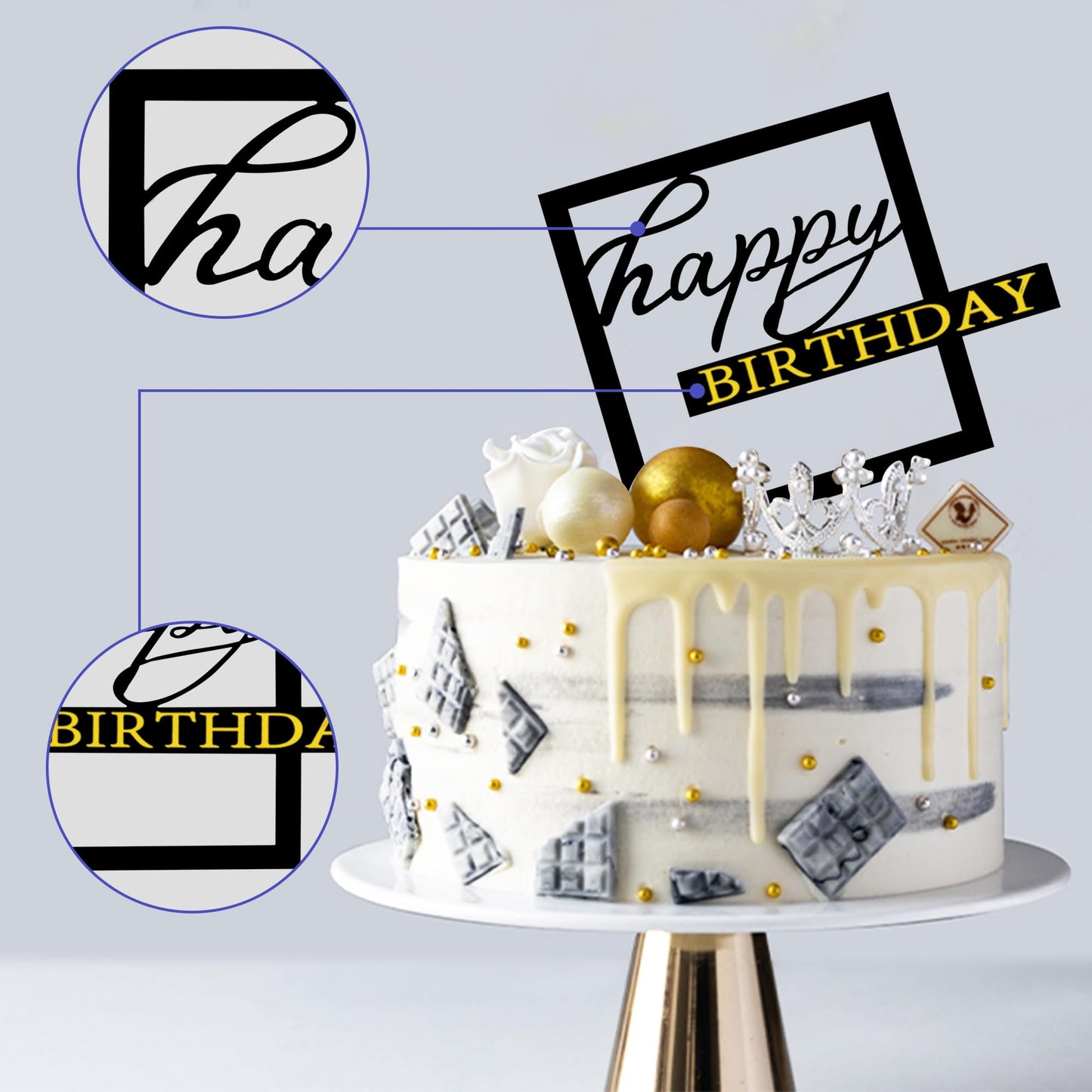15 PCS Black Happy Birthday Cake Toppers Acrylic Mirror Inserts for Cakes Cupcakes Desserts 15 Styles