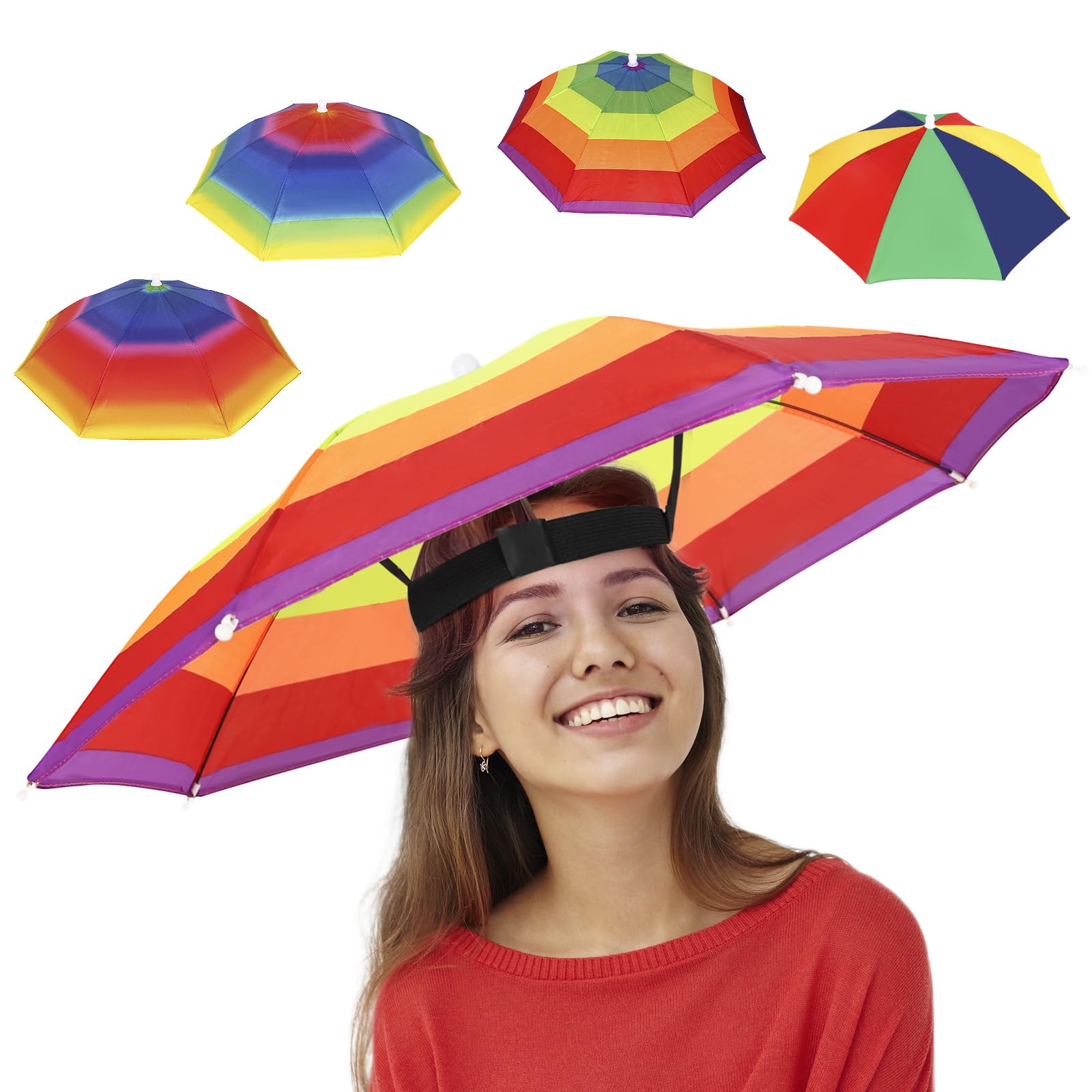 Arcimatto 4 Pack Umbrella Hat with Elastic Band, Fun Colorful party Hats, Hands-free Design for Beach Party, Camping, Outdoor Sun Rain Protection