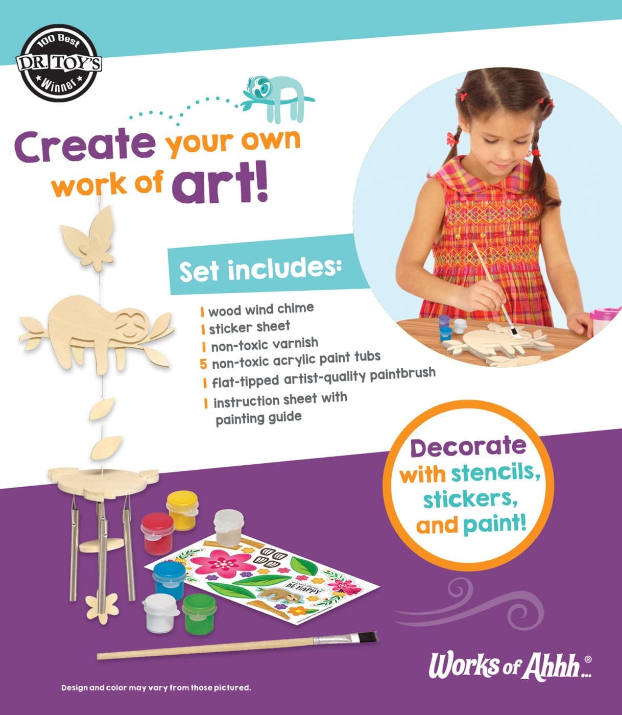 Works of Ahhh... Sloth Wind Chime Craft Kit - Classic Wood Paint Set for Kids, Includes Real Wood, Paints & Instructions
