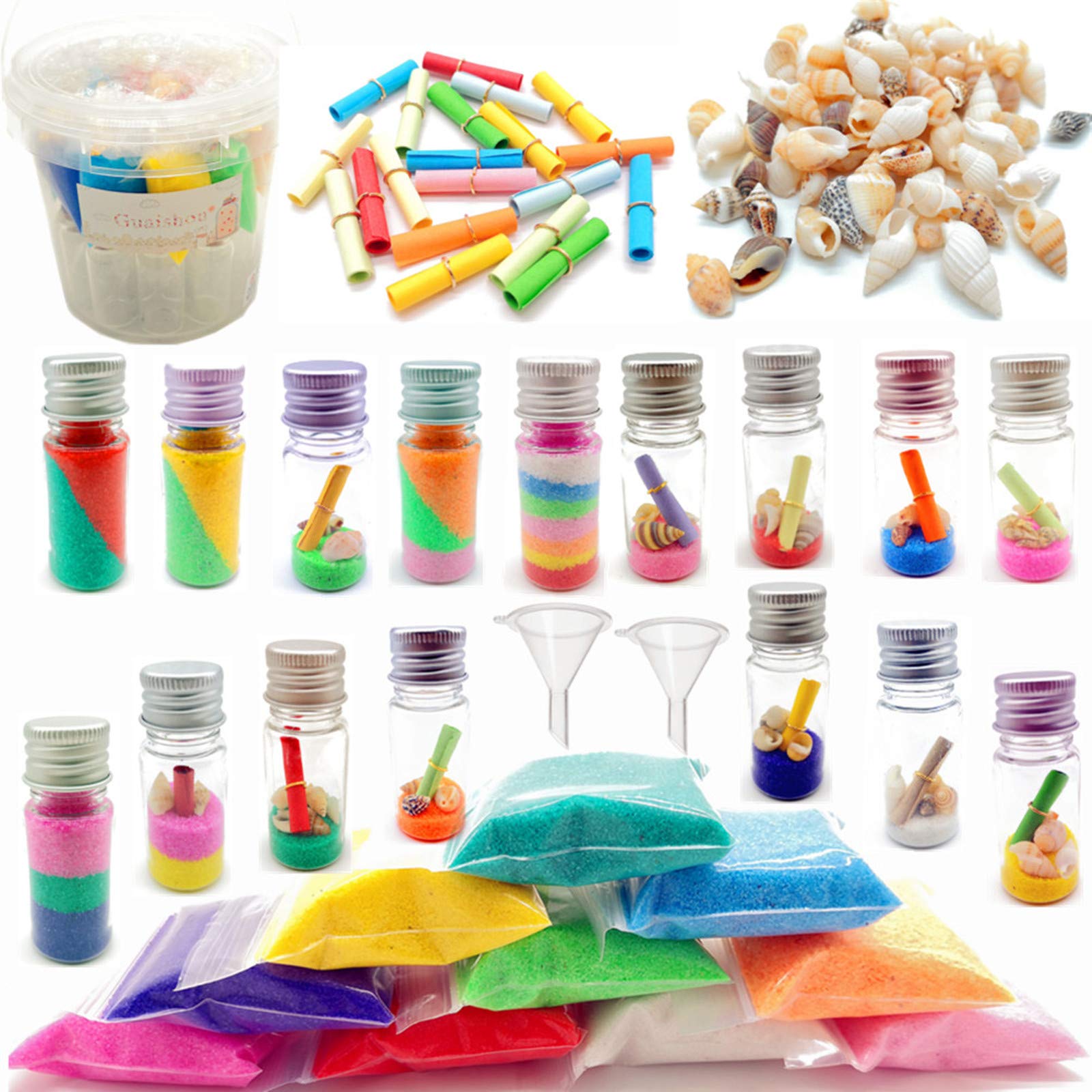 Guaishou DIY Sand Art and Crafts Kit Wishing Bottles Colorful Sands Beach Sea Shells Message Paper