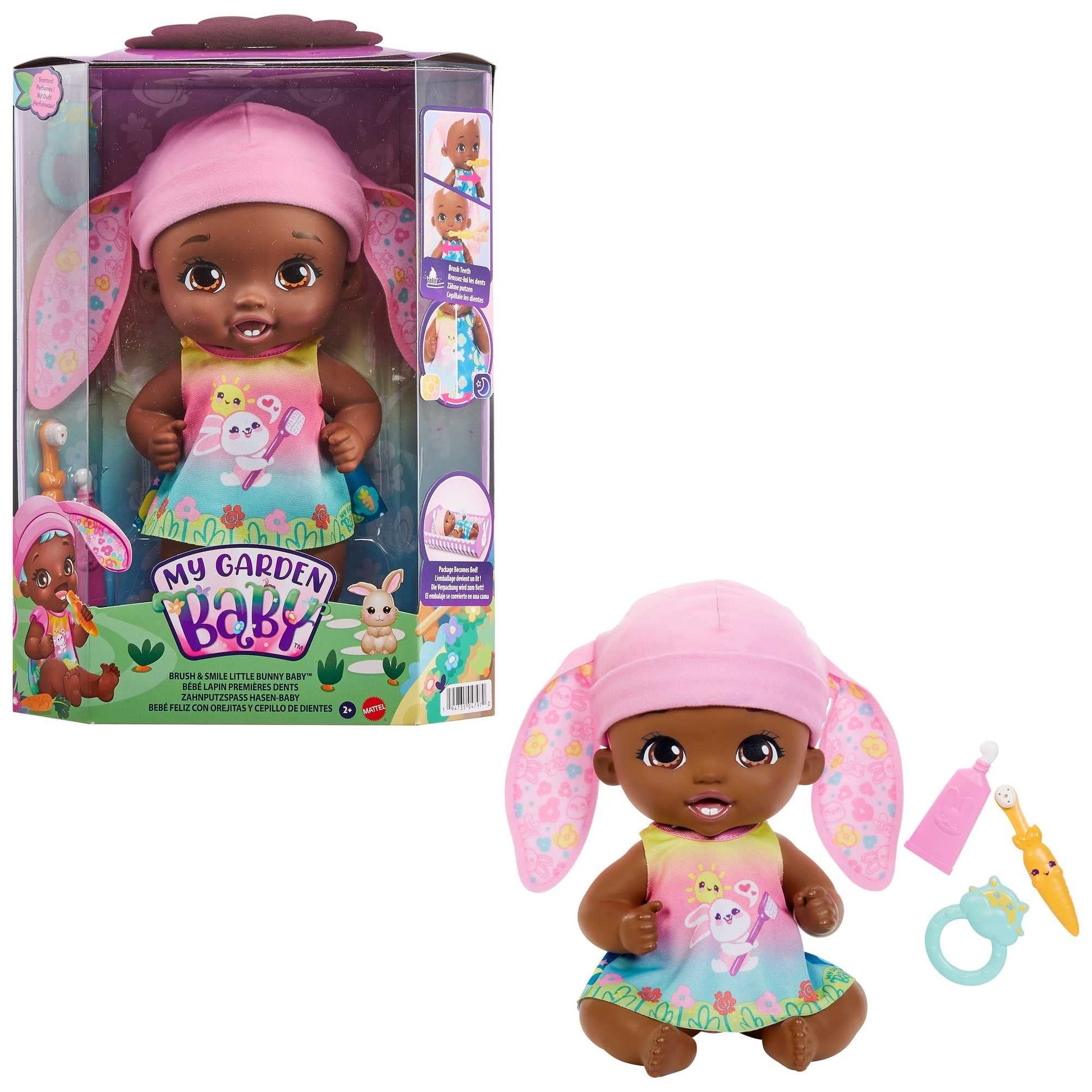 My Garden Baby Brush & Smile Little Bunny Baby Doll (12-in) with 3 Accessories and 2-in-1 Reversible Outfit, Blue Hat, for Kids Ages 2Y+