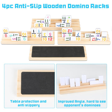 JOYOUSLIFE 4pc Wooden Domino Trays, Mexican Train Domino Racks Set, Double 12 Tiles Domino Holders (Dominoes not Included)