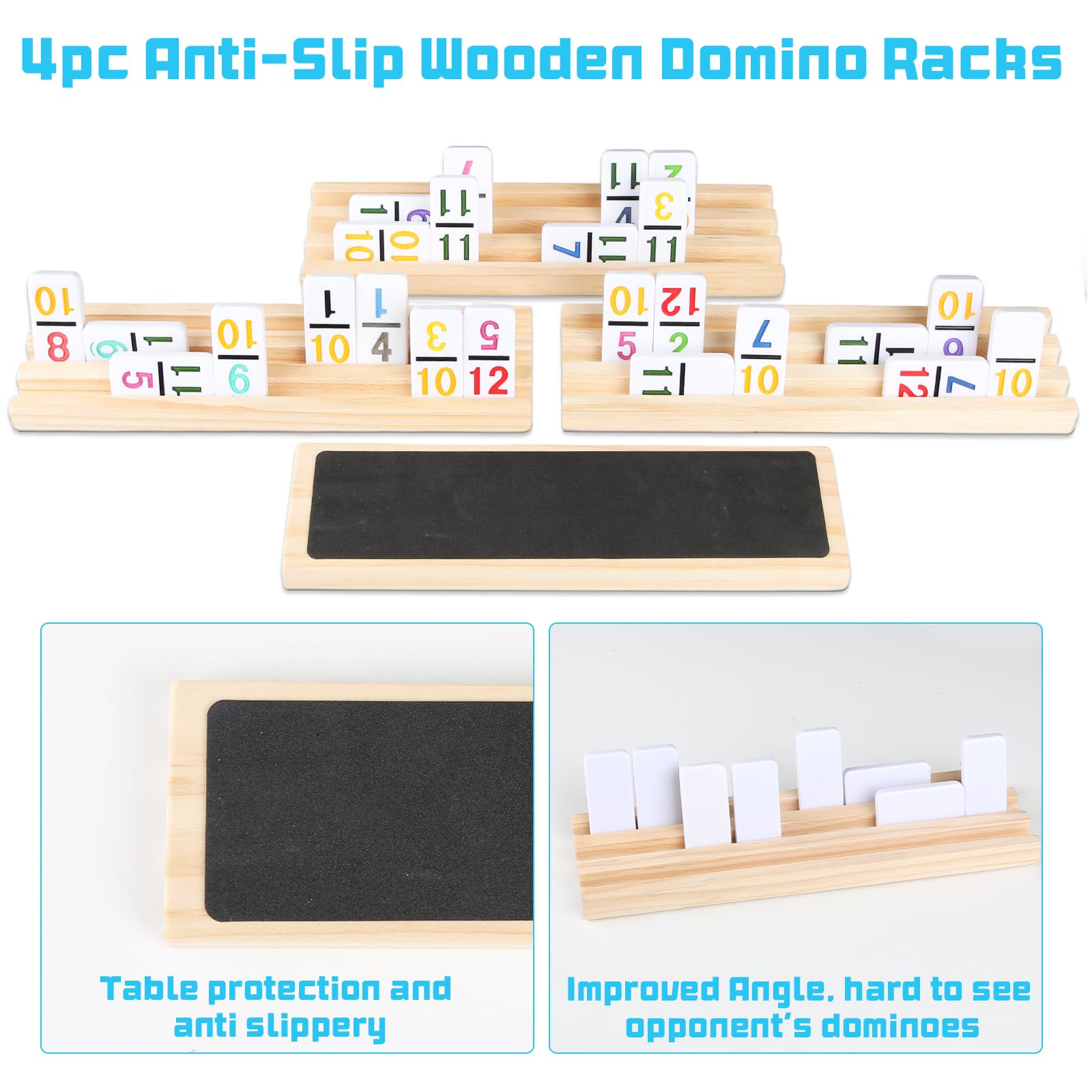 JOYOUSLIFE Mexican Train Numbers Dominoes with 4 Wood Trays, Color Double 12 Numerical Domine Set for Adults and Family, Classic 91 Tiles Board Grame