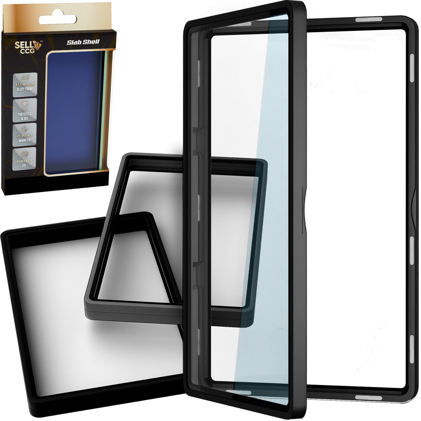 (3-Pack) SellCCG PSA Slab Shell Case Graded Card Guard PSA, TAG & CGC Metal Magnetic UV Protection Glass Display Bumper Box Protector (Black)