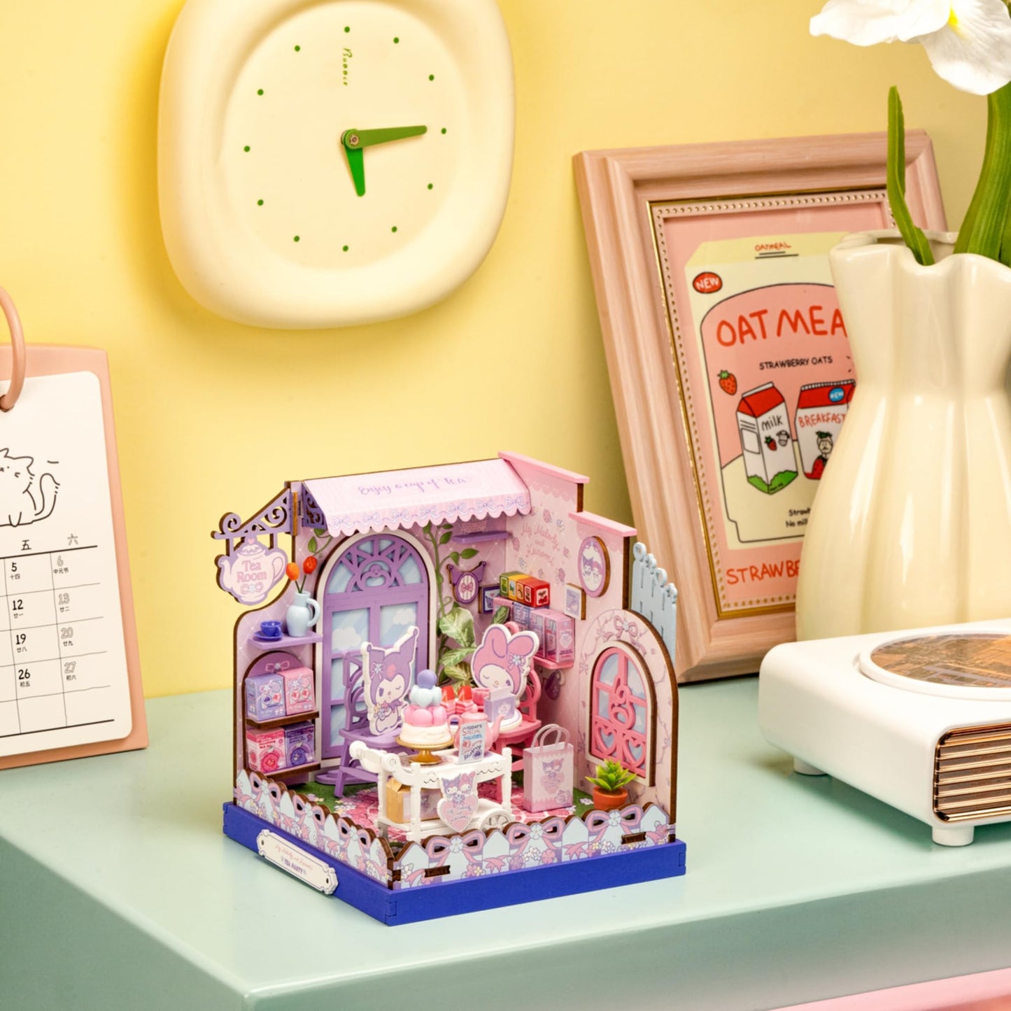 Hands Craft My Melody & Kuromi Tea Party Miniature House Kit - Kawaii 3D Puzzle with Tiny Tea Cups & Cake - DIY Wooden Craft Kit for Bedroom or