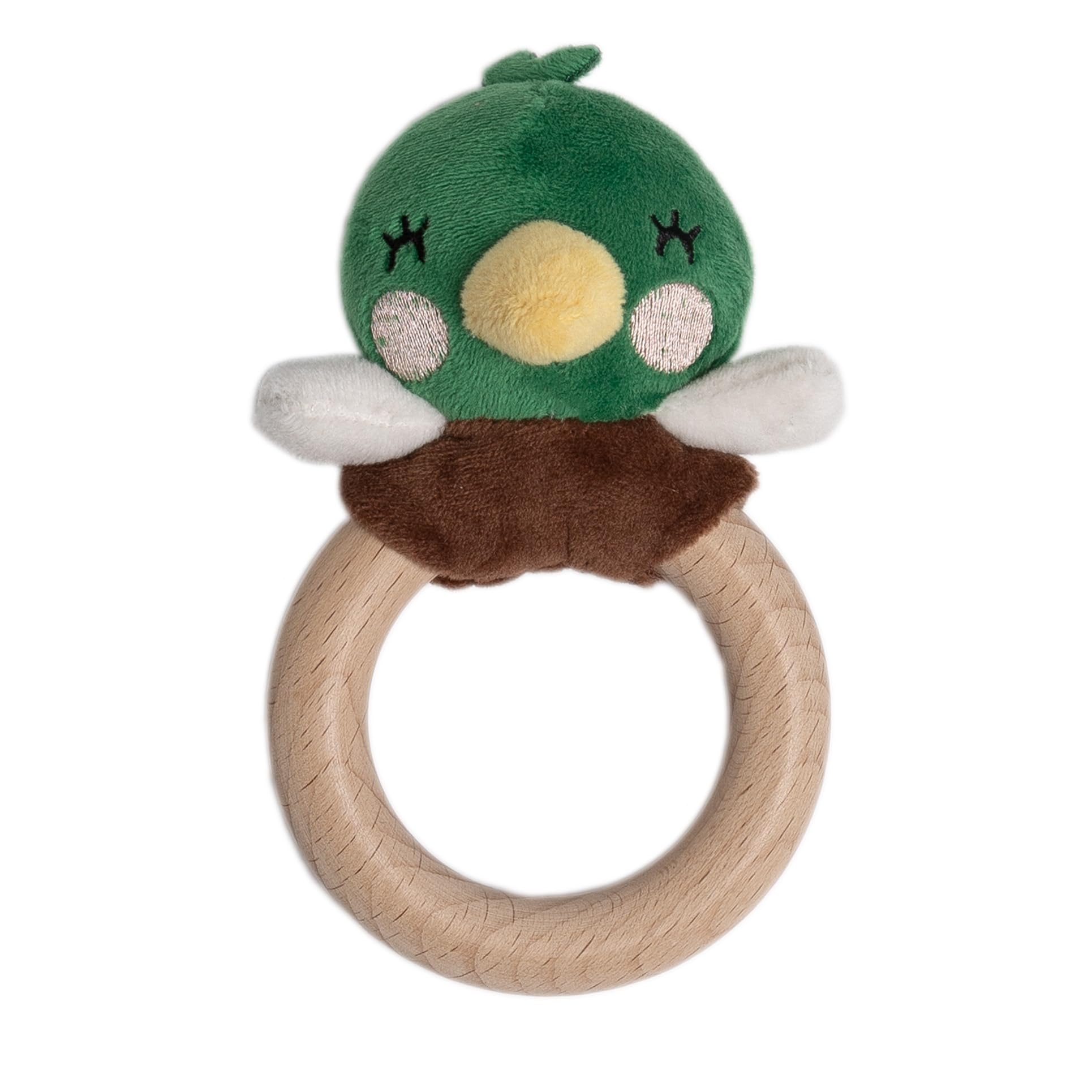 Pearhead Mallard Duck Wooden Baby Teether - Soft Plush Lovey with Natural Wood Rattle Ring, BPA & PVC-Free, Soothes Infant Gums, Multi-Sensory Newborn