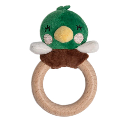 Pearhead Mallard Duck Wooden Baby Teether - Soft Plush Lovey with Natural Wood Rattle Ring, BPA & PVC-Free, Soothes Infant Gums, Multi-Sensory Newborn